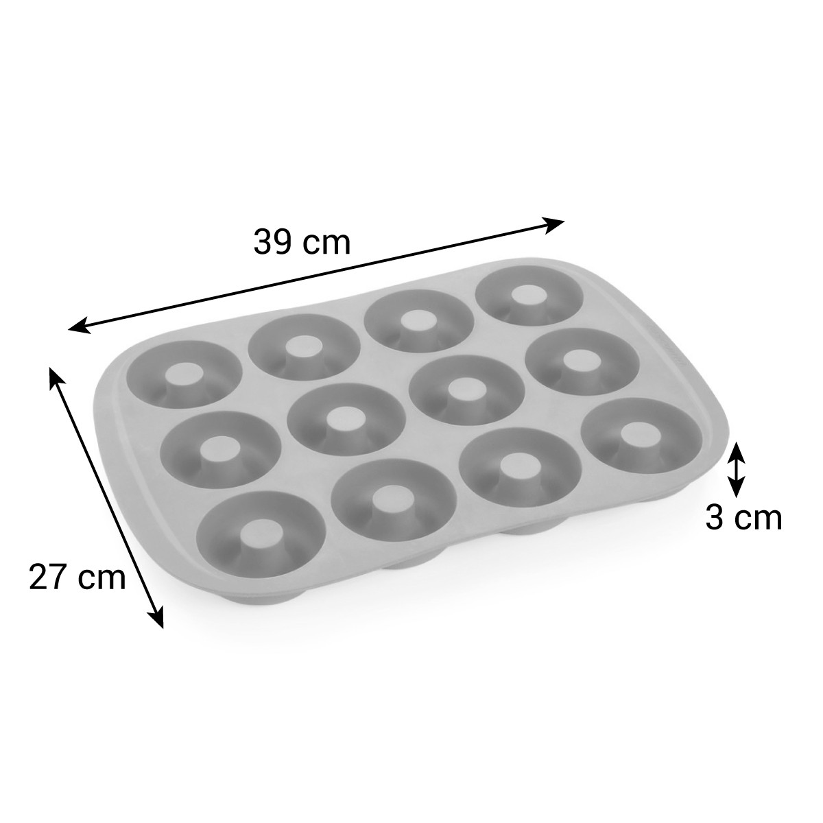 Graue Donut-Backform aus Silikon mit 12 Formen. Maße sind 39 cm x 27 cm x 3 cm. Pfeile zeigen Messungen an.