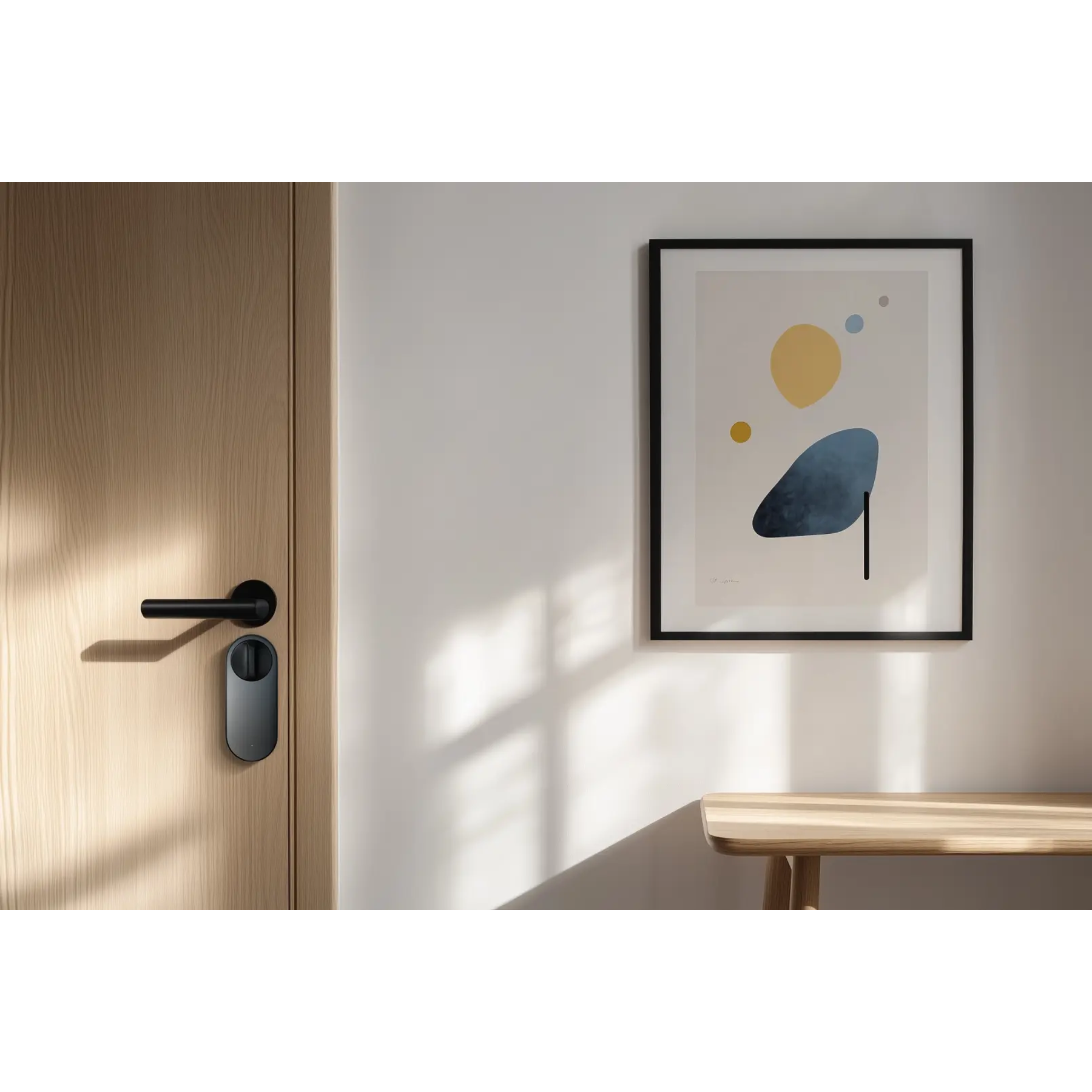 Holztür mit schwarzem Griff und Smart Lock. Abstrakte Kunst und eine Bank an der weißen Wand.