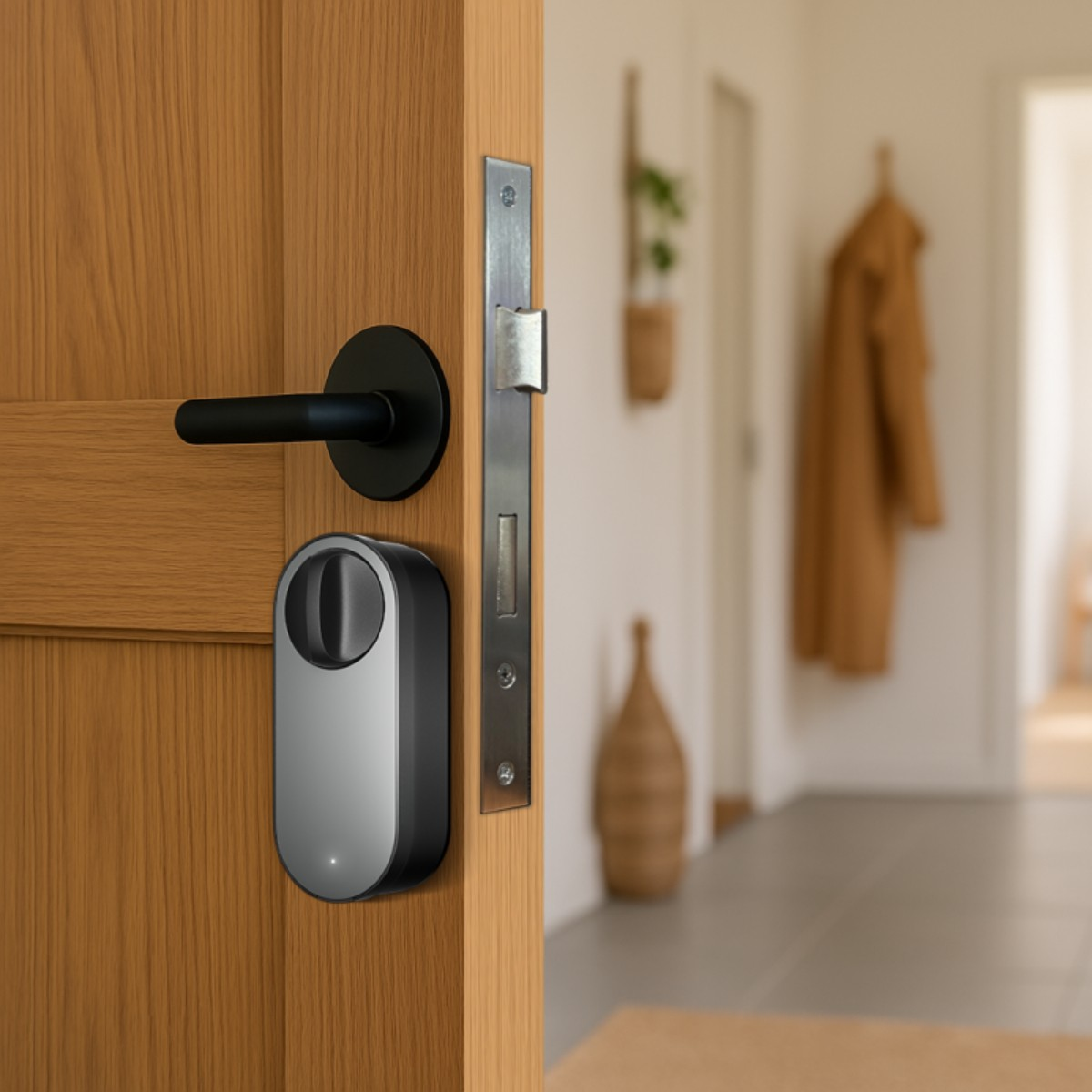 Holztür mit schwarzem Griff und Smart Lock. Flur im Hintergrund mit Mantel und Dekoration.