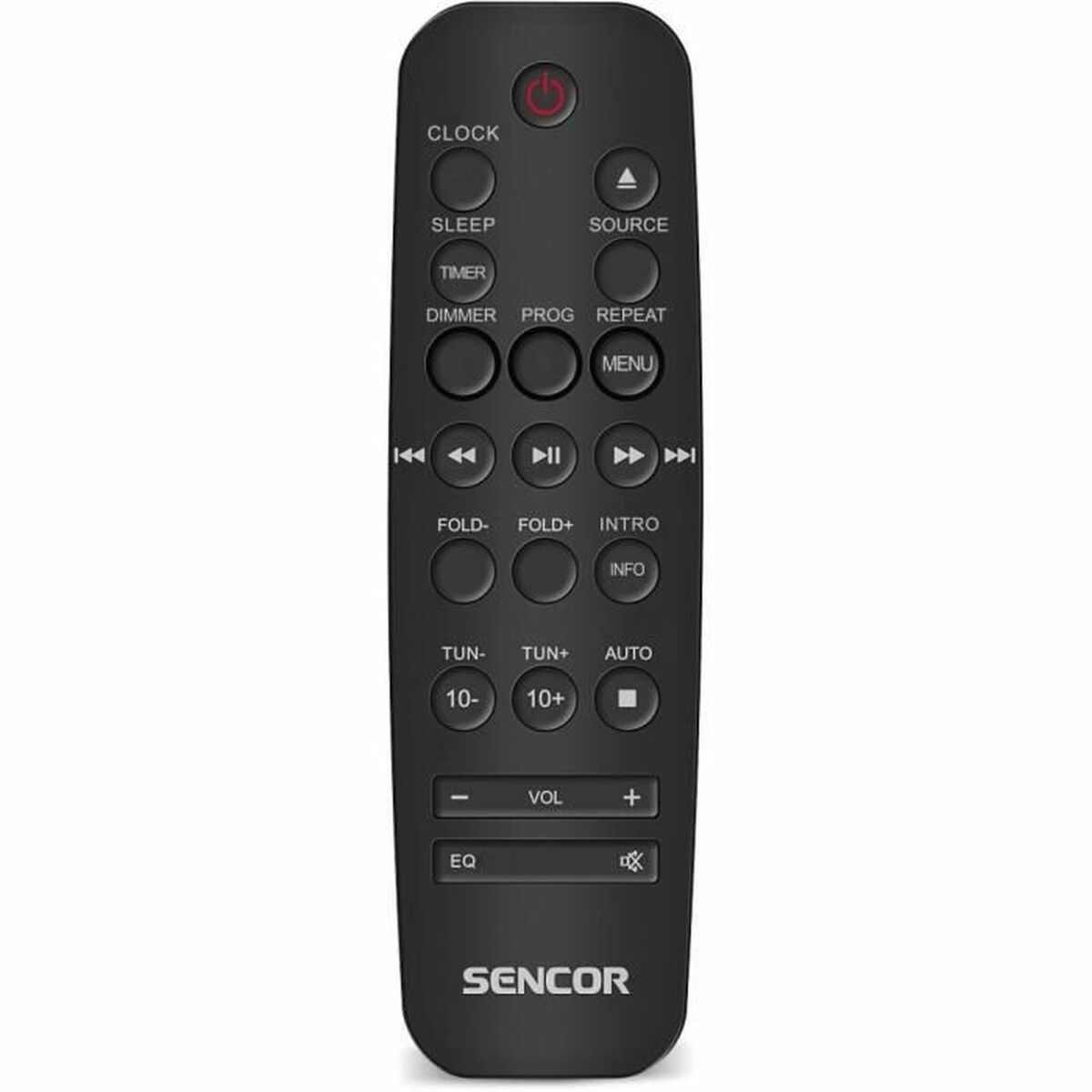 Un telecomando Sencor nero con vari pulsanti, tra cui accensione, volume e controlli di riproduzione. Il marchio è in basso.