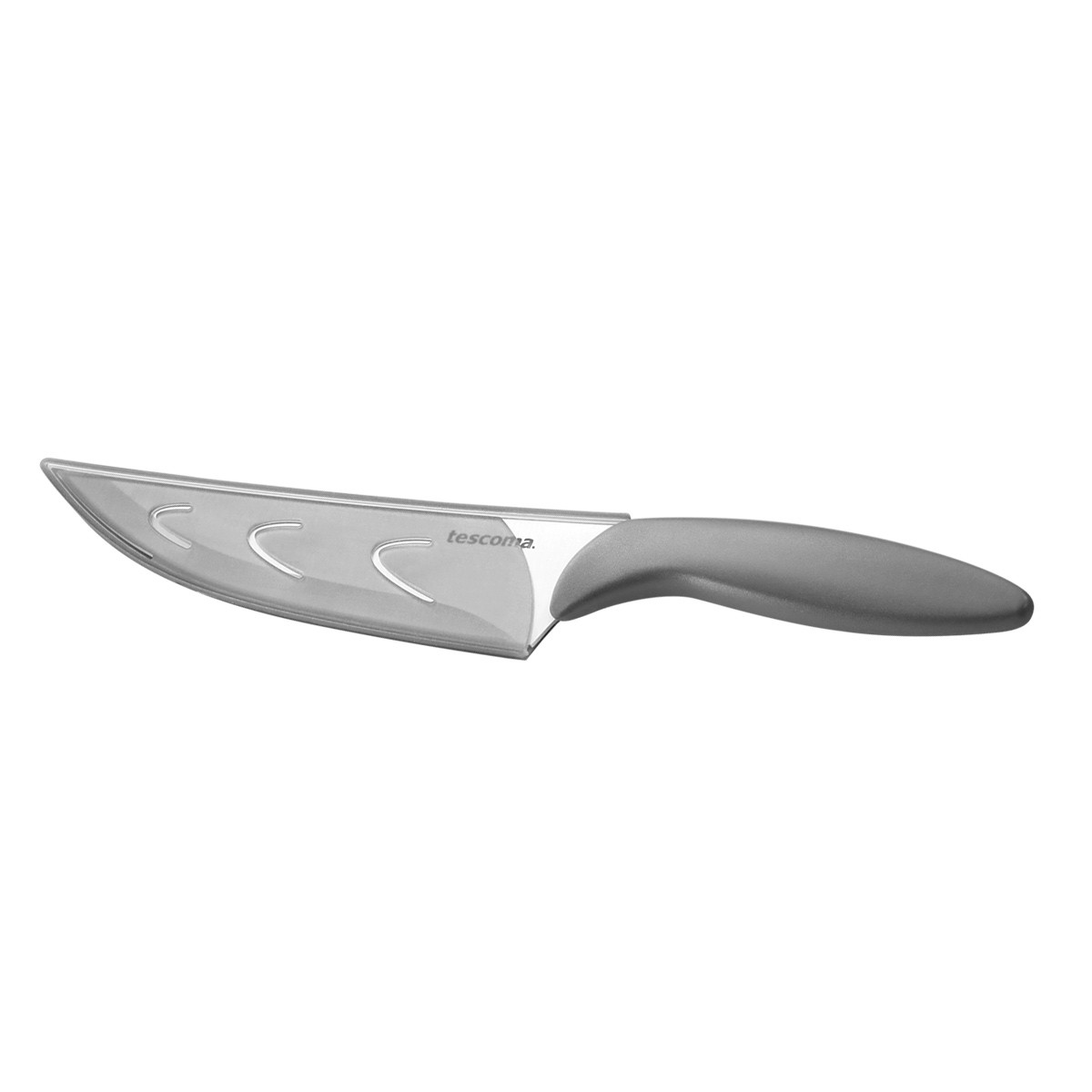 Ein graues Messer mit gebogener Klinge und Griff. Die Klinge hat drei gebogene Aussparungen. Das Messer ist auf weißem Hintergrund.