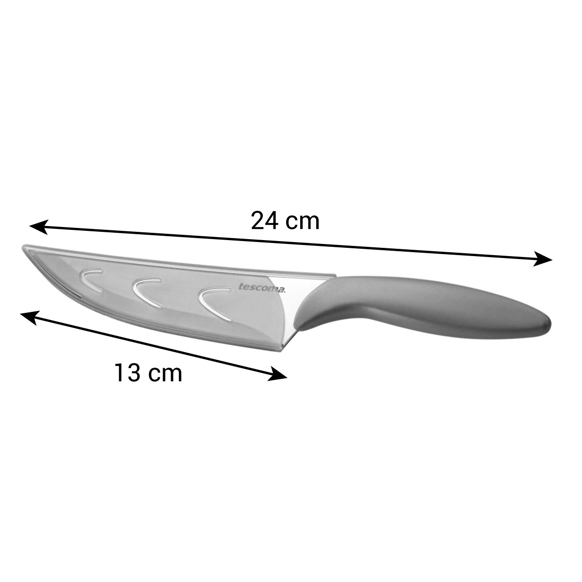 Ein graues Messer mit gebogener Klinge und Griff. Es ist 24 cm lang und die Klinge ist 13 cm. Die Marke ist tescoma.
