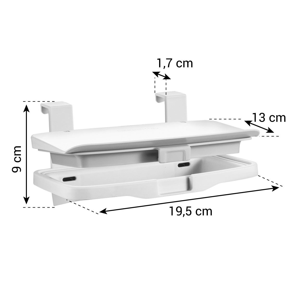 Ein weißer Kunststoff-Organizer mit cm-Maßen. Er hat ein oberes Regal und eine untere Ablage. Die Maße sind: 9 cm, 13 cm, 19,5 cm und 1,7 cm.