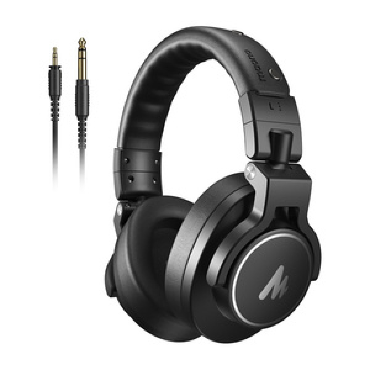 Cuffie nere con logo argentato e due jack audio. Le cuffie hanno una fascia e padiglioni imbottiti. Cavi neri.