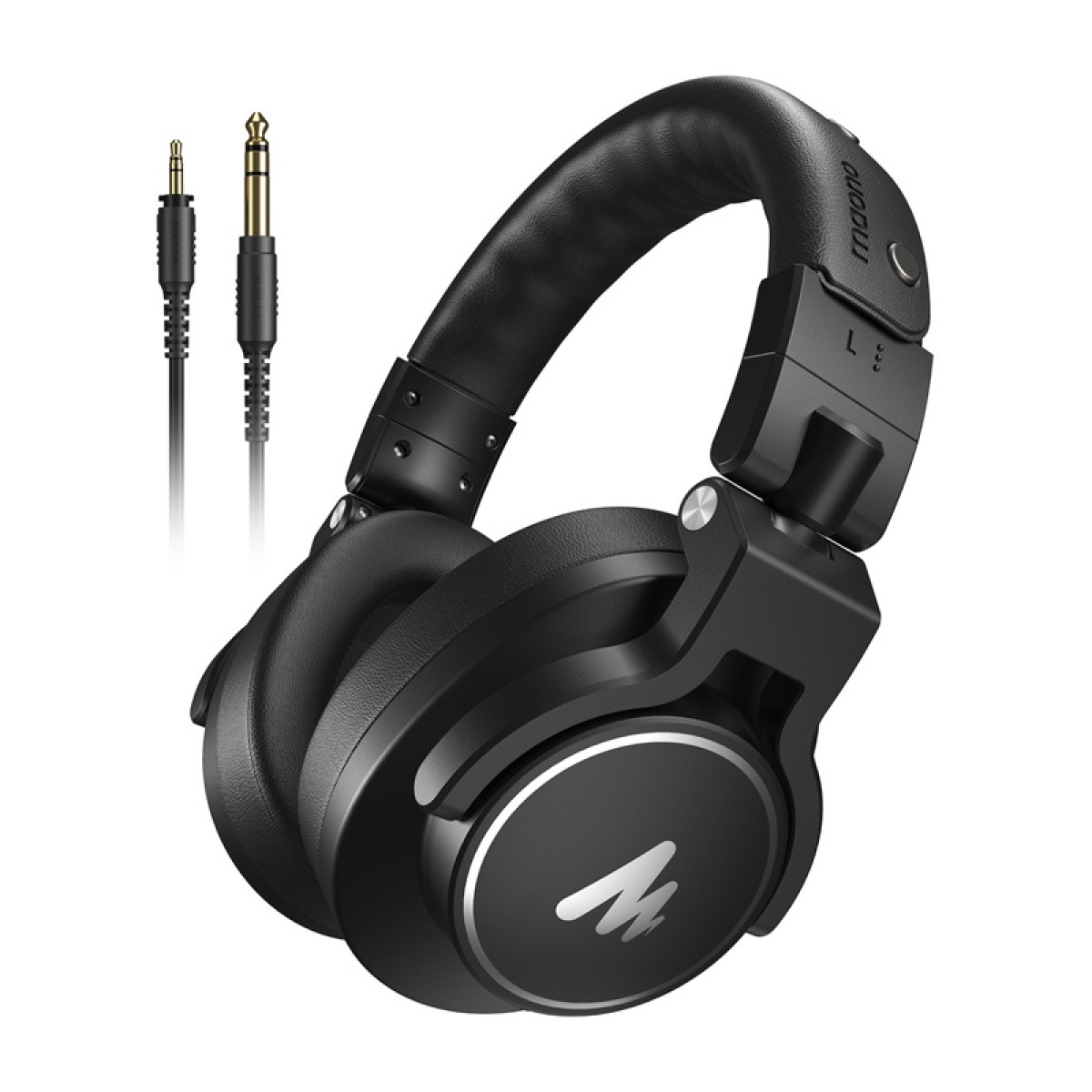 Cuffie nere con dettagli argentati e due jack audio. Le cuffie hanno una fascia e padiglioni imbottiti.
