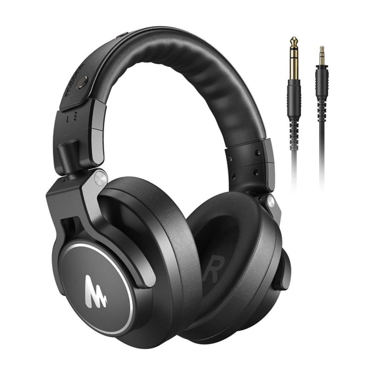 Cuffie nere con dettagli argentati e due jack audio. Le cuffie hanno un'archetto e padiglioni imbottiti.