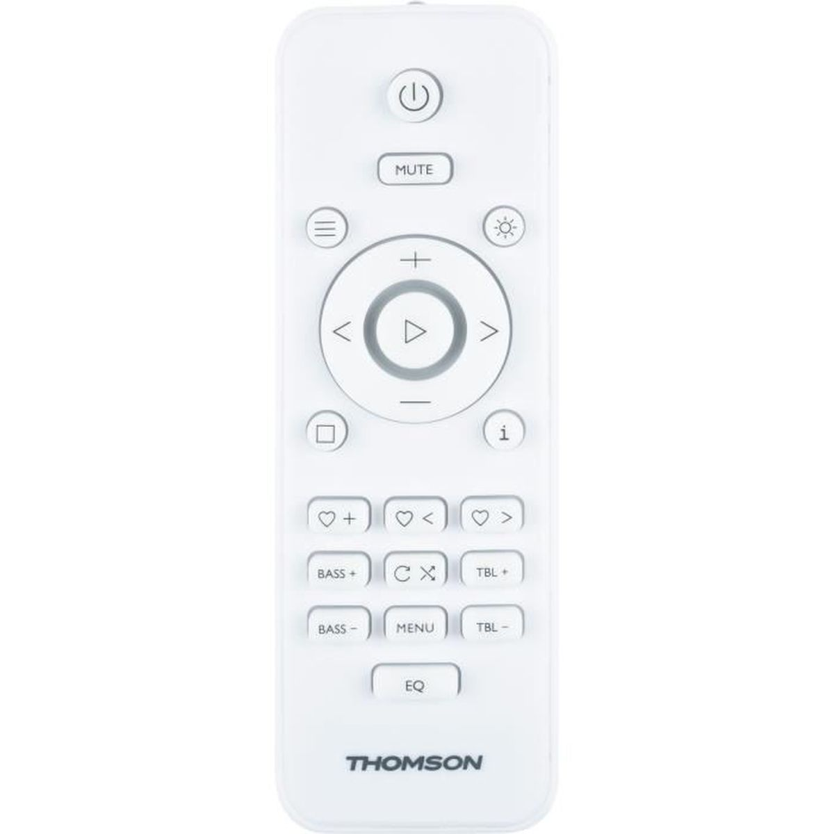 Biały pilot Thomson z przyciskami zasilania, wyciszenia, głośności i sterowania odtwarzaniem.
