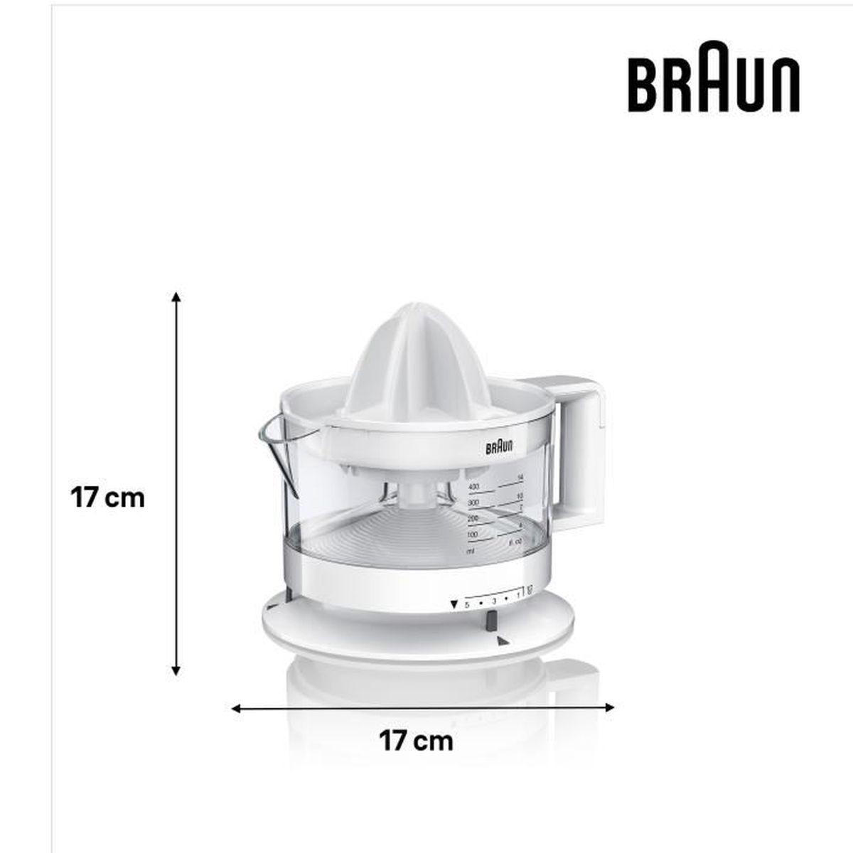 Uno spremiagrumi Braun bianco, con un contenitore di misurazione trasparente. Le dimensioni sono 17 cm. Il logo Braun è visibile.
