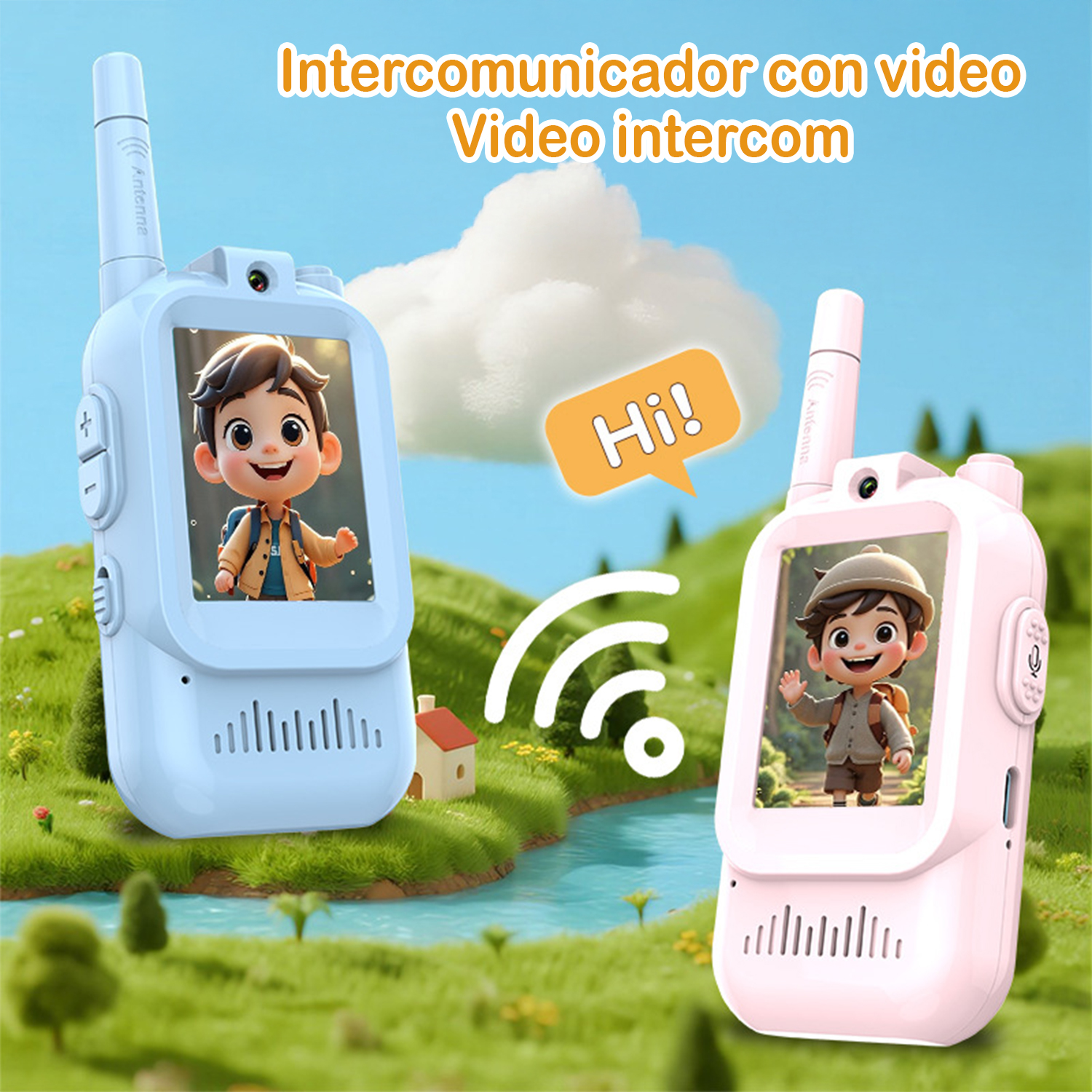 Dos walkie-talkies de juguete, azul y rosa, con niños de dibujos animados en pantallas, una burbuja de diálogo '¡Hola!' y un fondo de paisaje.