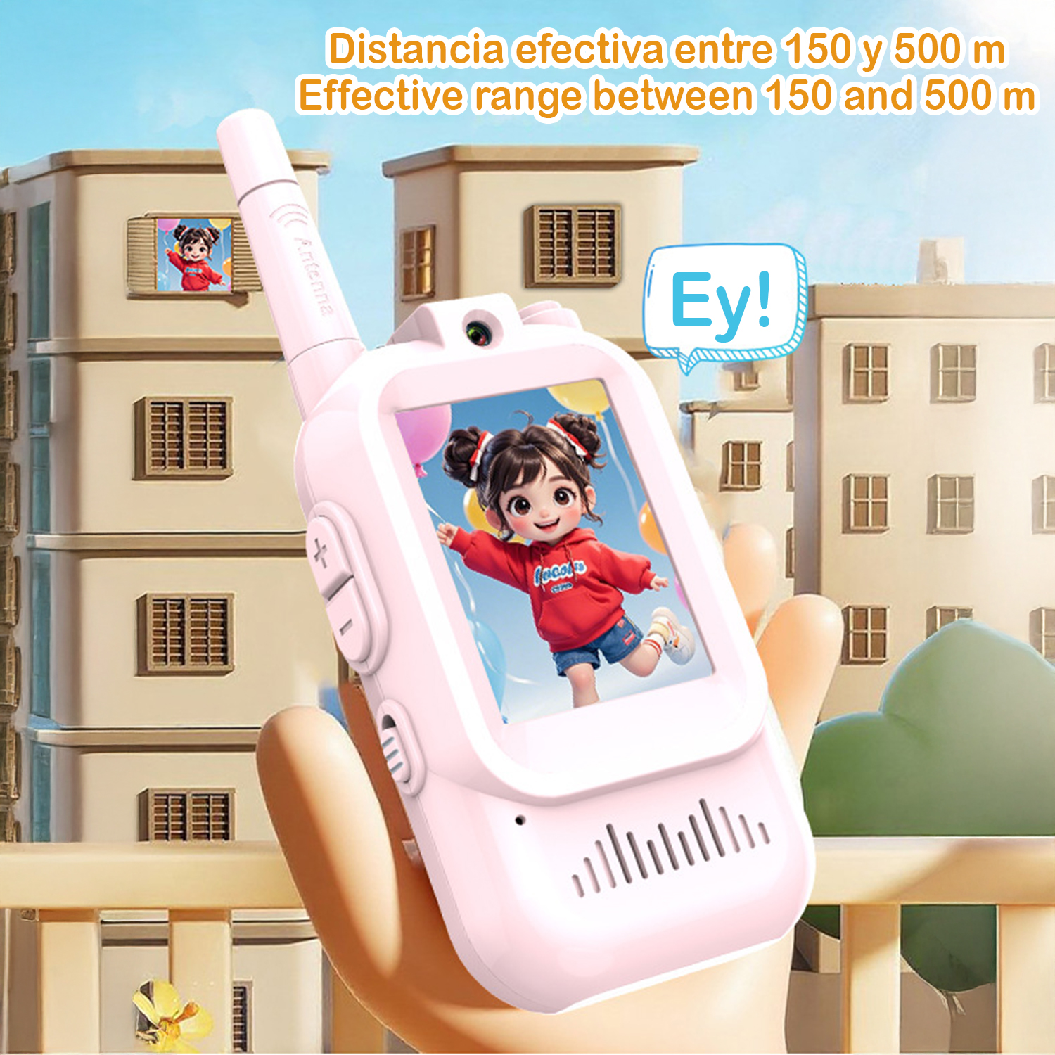 Un walkie-talkie rosa con una niña en la pantalla. Edificios al fondo. El texto dice: "Rango efectivo entre 150 y 500 m".