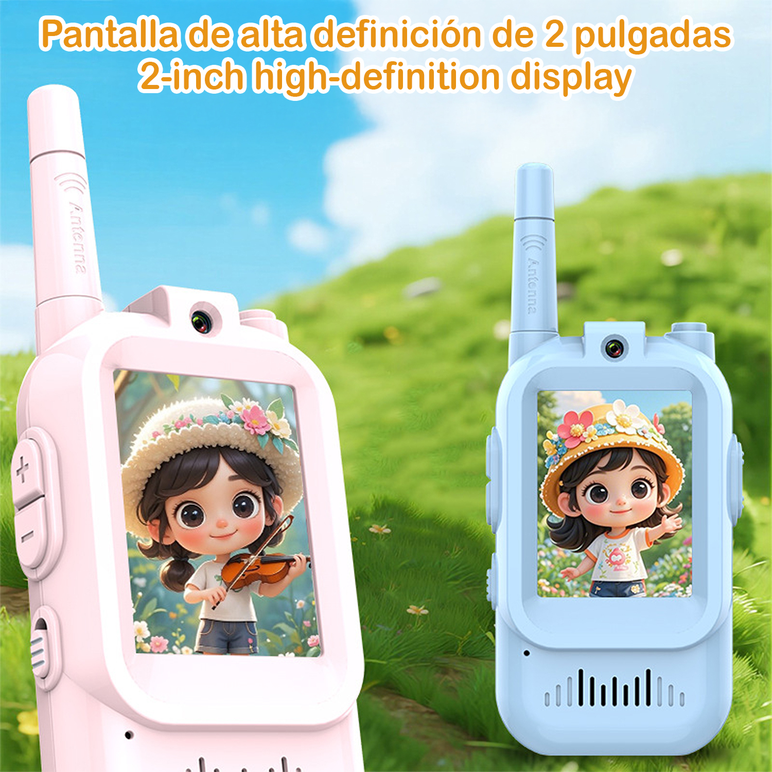 Walkie-talkies rosa y azul con pantallas que muestran niños de dibujos animados. El rosa tiene una niña tocando el violín. El azul tiene una niña saludando.