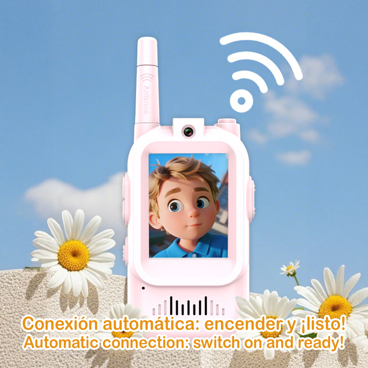 Un juguete walkie-talkie rosa con una pantalla que muestra un niño de dibujos animados. Las margaritas rodean el juguete. Fondo de cielo azul con icono wifi.