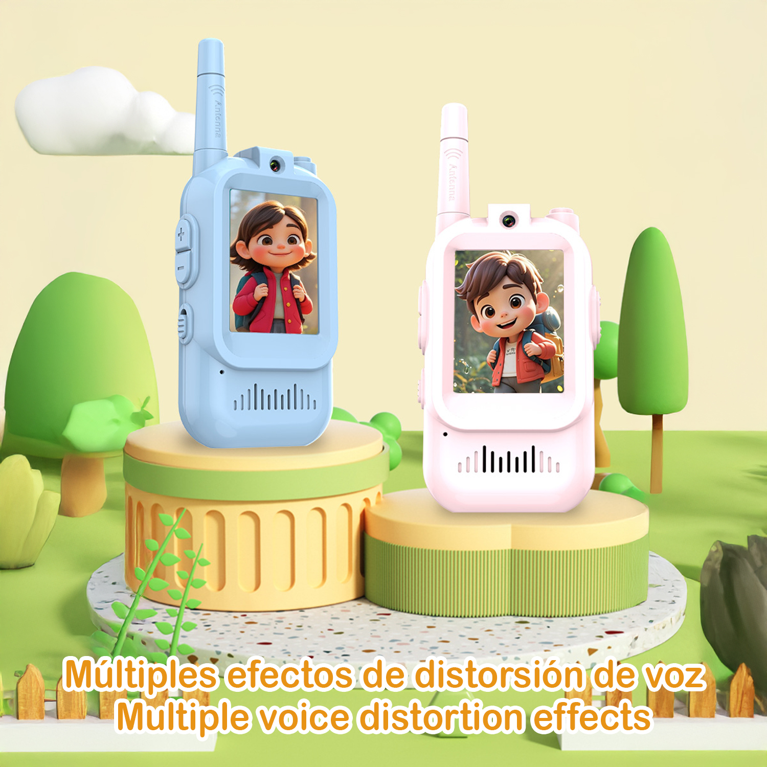 Dos walkie-talkies de juguete, azul y rosa, cada uno con la imagen de un niño en la pantalla, sobre plataformas verdes y amarillas. Texto abajo.