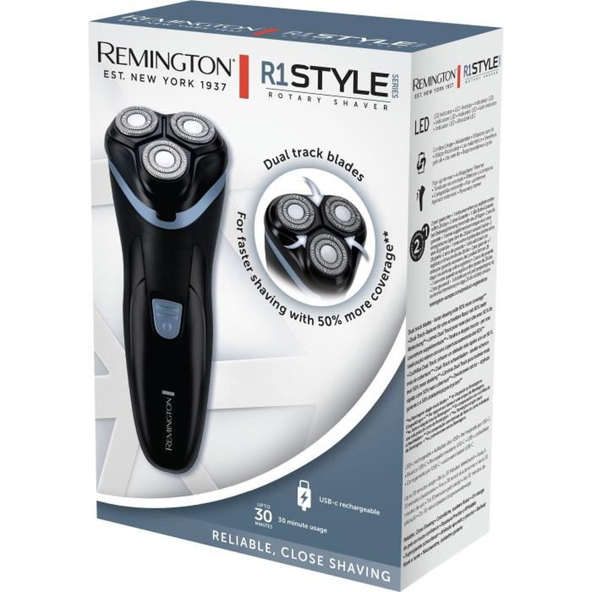 Un rasoio rotante Remington R1 Style è esposto nella sua scatola. La scatola evidenzia funzionalità come le lame a doppia pista e la ricarica USB-C.