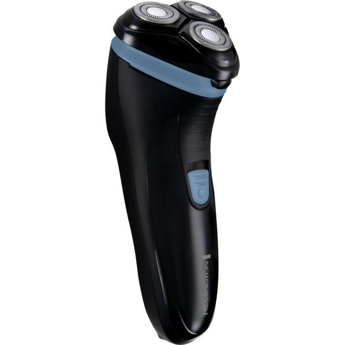Un rasoio elettrico nero Remington con tre testine rotanti, un accento blu e un pulsante di accensione/spegnimento, su sfondo bianco.
