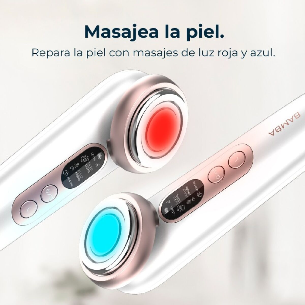 Dos dispositivos para tratamiento de la piel, uno con luz roja y otro con azul. Cuerpo blanco, detalles oro rosa, con pantalla de control y marca BAMBA.