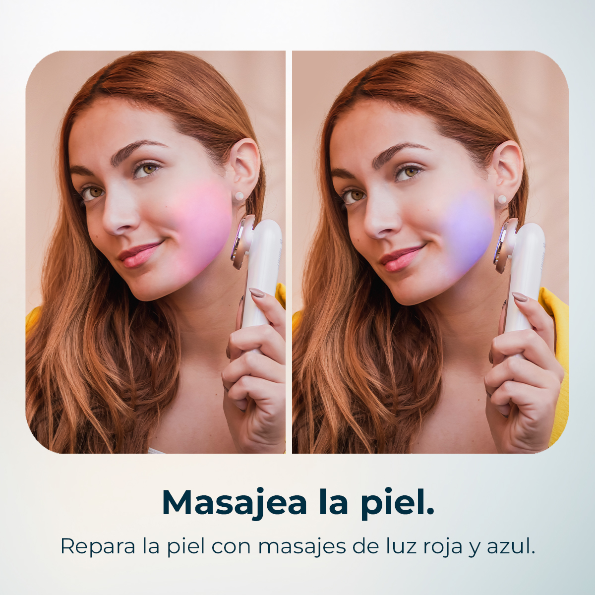 Una mujer sostiene un dispositivo para el cuidado de la piel. Un lado muestra luz rosa en su rostro, el otro azul. El texto dice: Masajea la piel.