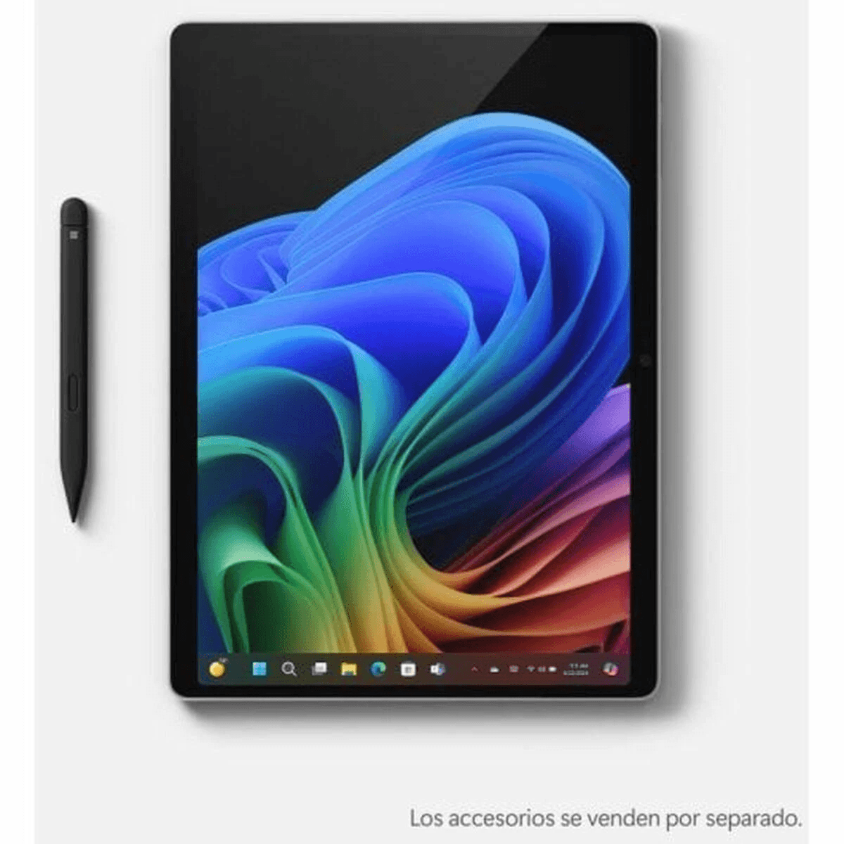 Tableta con pantalla colorida y lápiz óptico negro sobre superficie blanca. La pantalla muestra ondas abstractas.