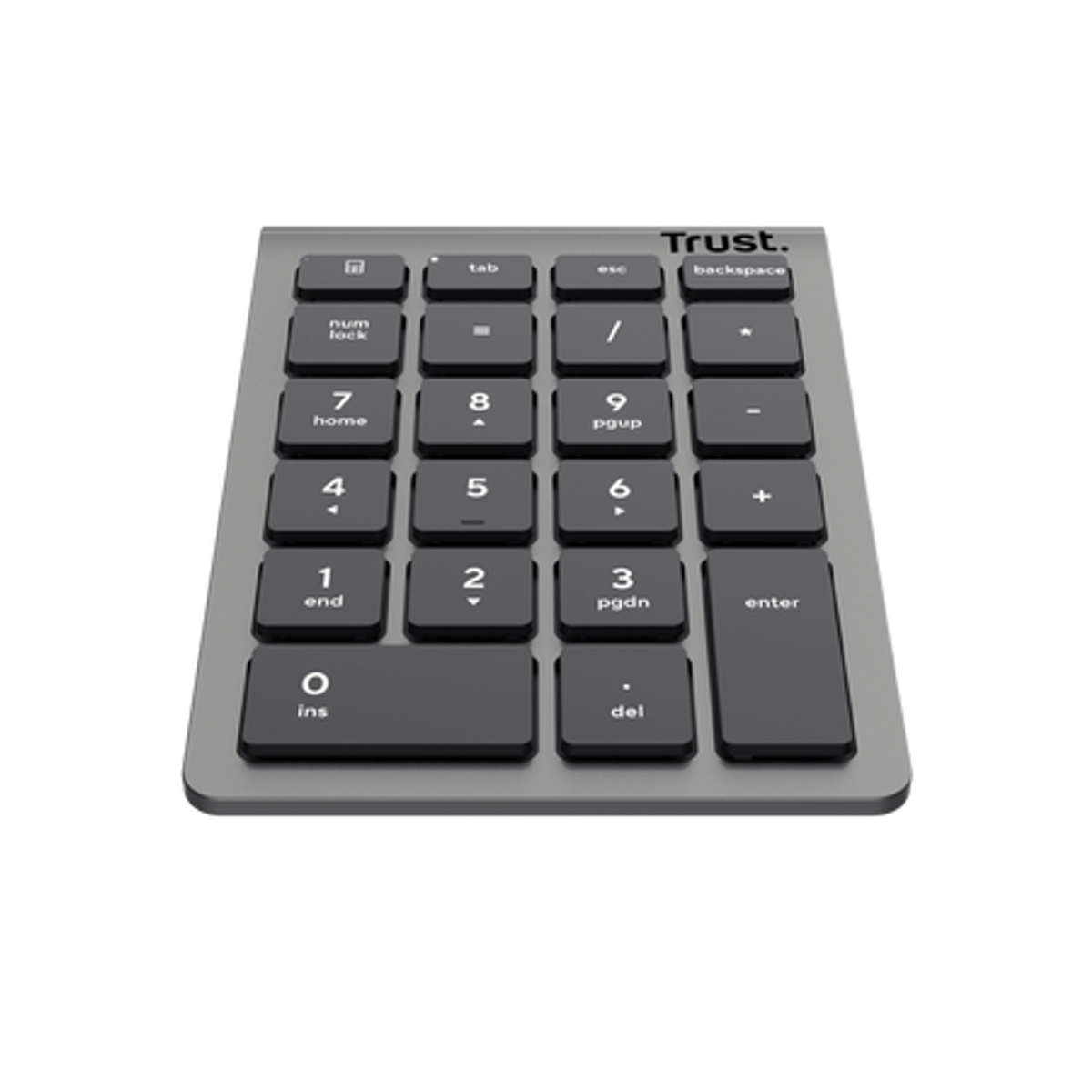 Una tastiera numerica Trust grigia con tasti neri. Include numeri, simboli e tasti funzione come 'enter' e 'backspace'.