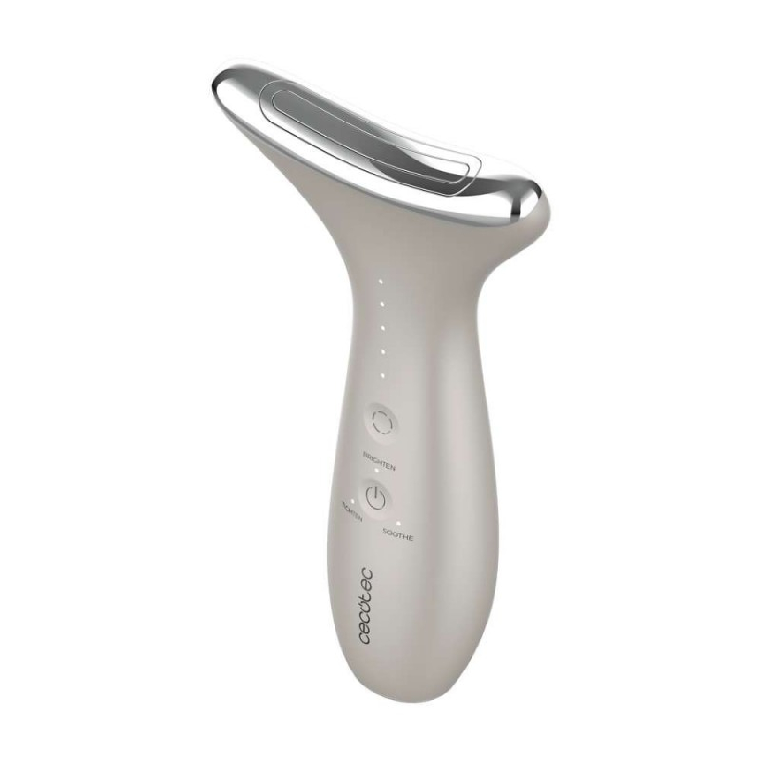 Un dispositivo de belleza portátil. Tiene una cabeza plateada y un cuerpo gris claro. Los botones están etiquetados como 'Brighten', 'Tighten' y 'Soothe'.