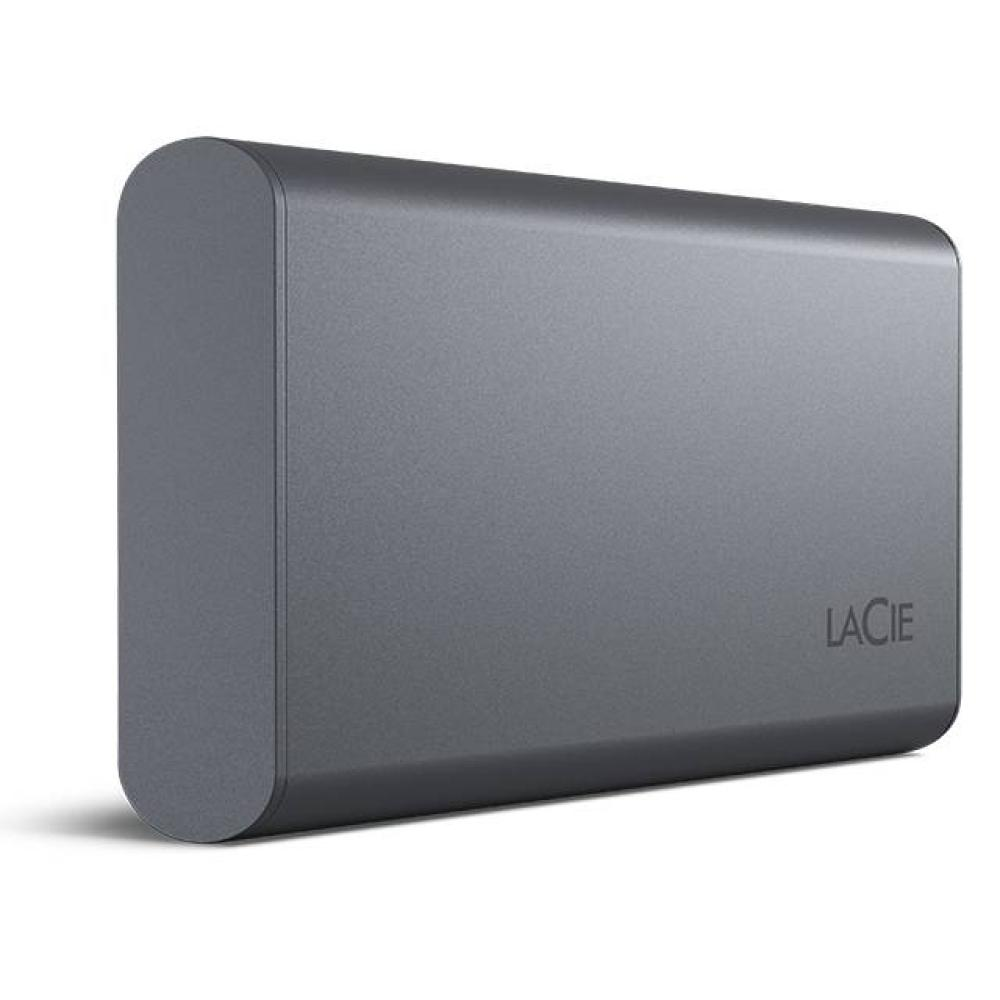 Eine graue externe Festplatte von LaCie auf weißem Hintergrund. Das Laufwerk ist rechteckig mit abgerundeten Kanten. Das LaCie-Logo ist sichtbar.