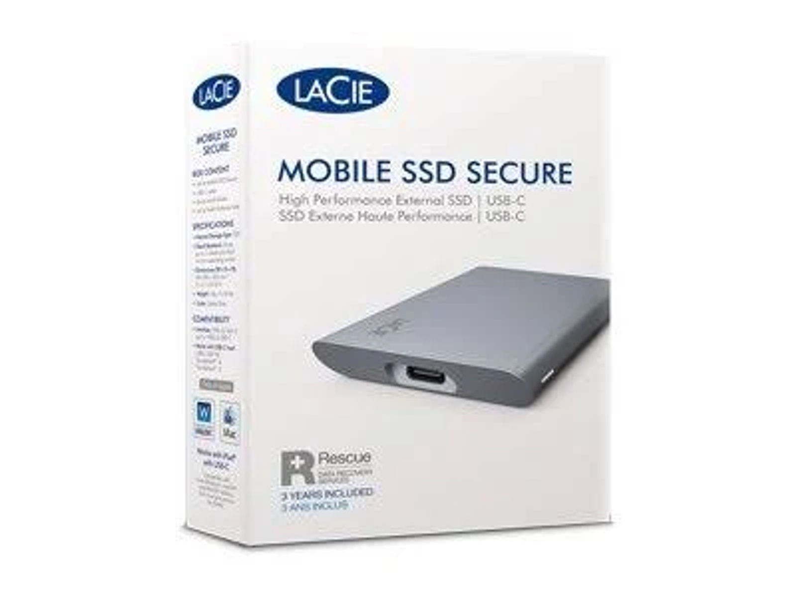 Een witte doos met een LaCie Mobile SSD Secure. De doos heeft tekst en een afbeelding van de SSD. Rescue-logo is zichtbaar.