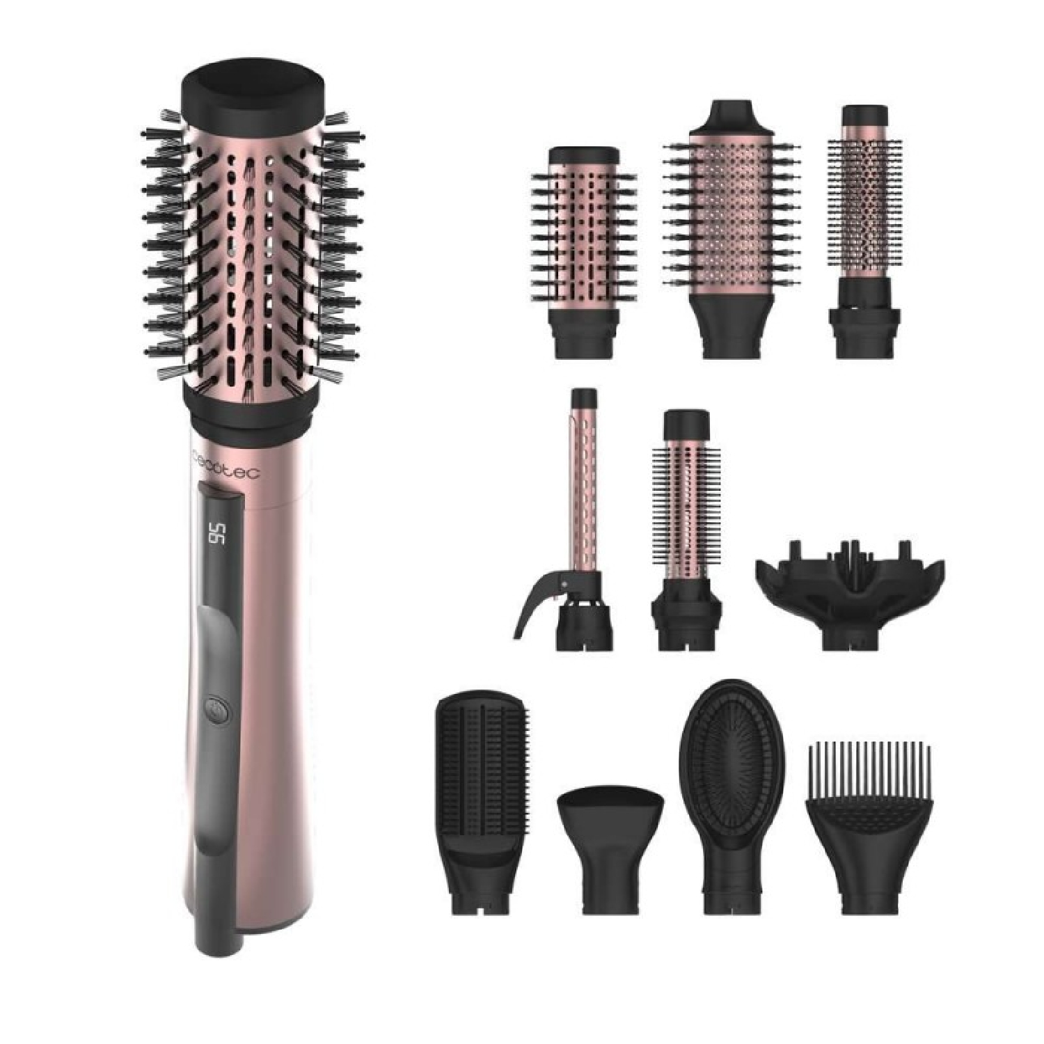 Uno styler per capelli color oro rosa e nero con più accessori. Include vari accessori a spazzola e ugello per lo styling.