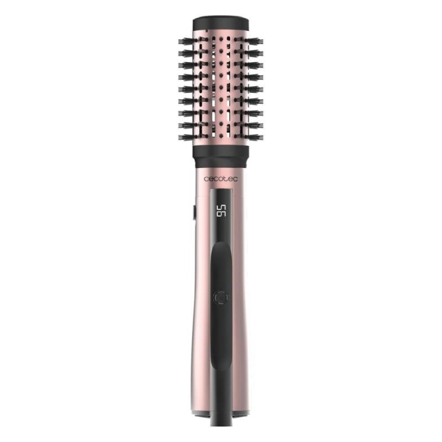 Una spazzola per capelli color oro rosa. Ha una testa arrotondata con setole e un display digitale.