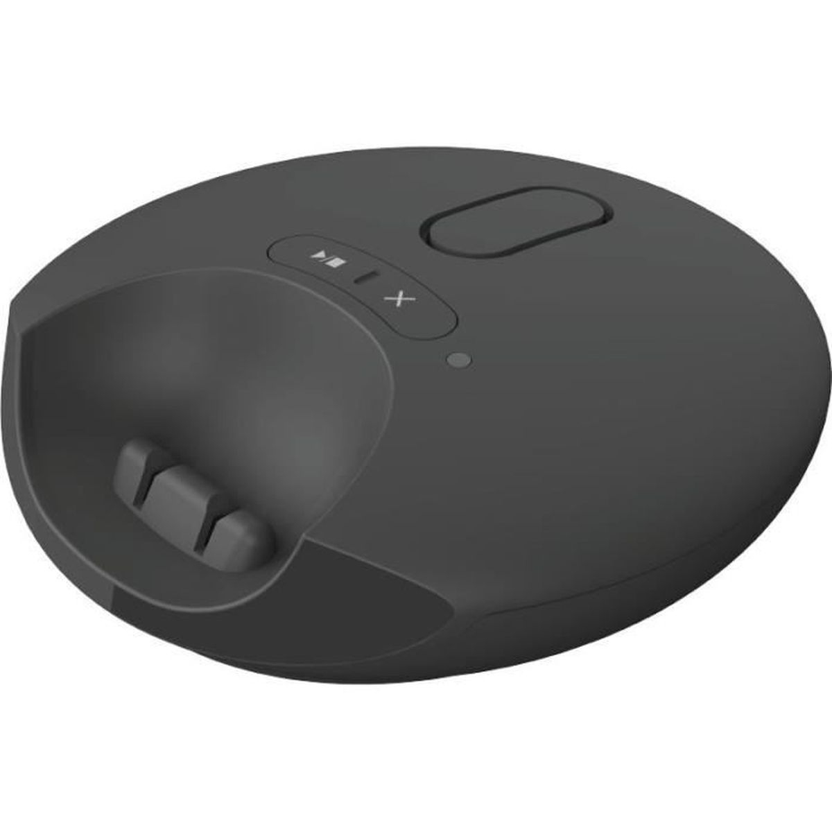 Un dispositivo gris oscuro, circular, con un área empotrada, botones y una ranura. Tiene una superficie lisa y un diseño moderno.