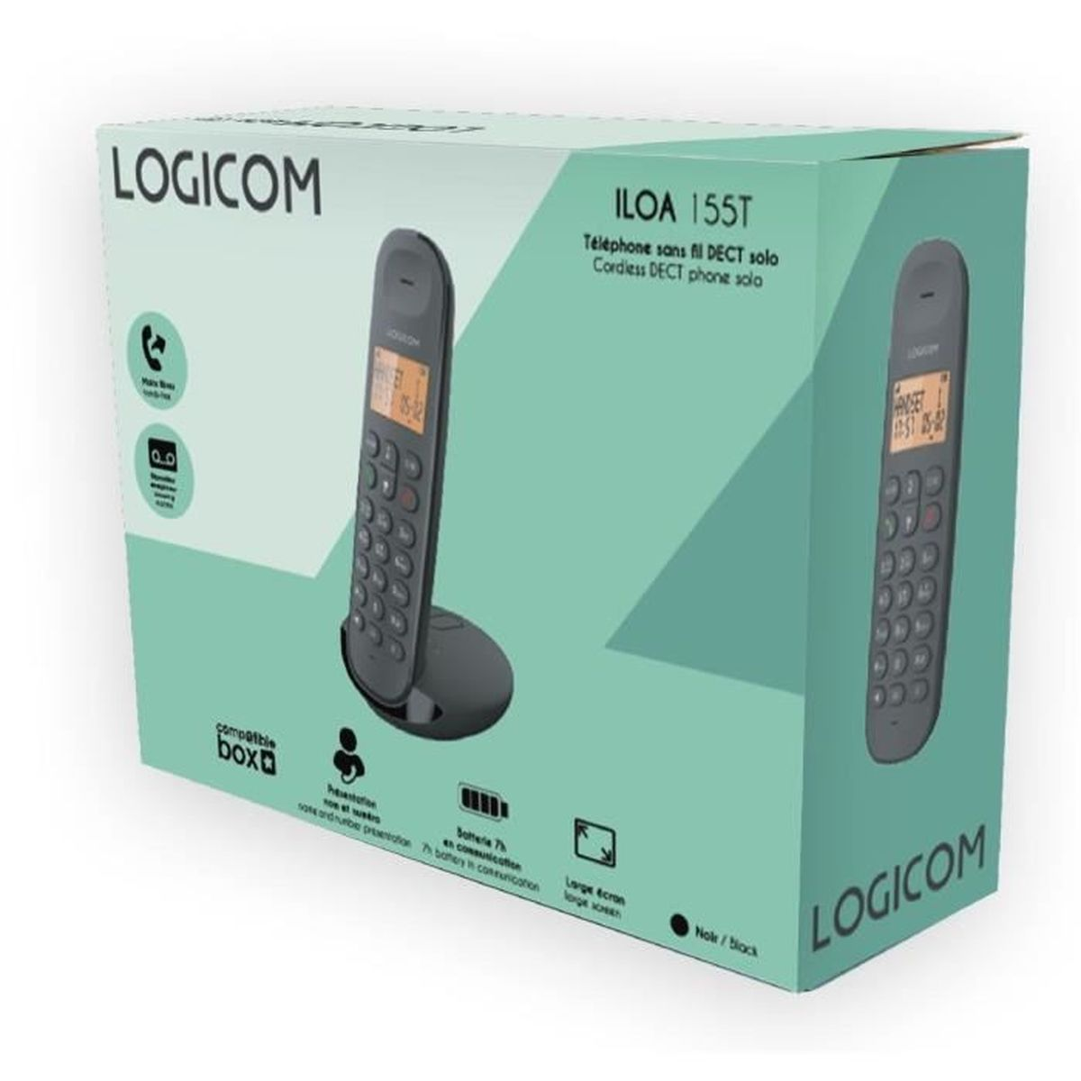 Una caja con un teléfono LOGICOM. La caja es azul claro y tiene la imagen del teléfono.