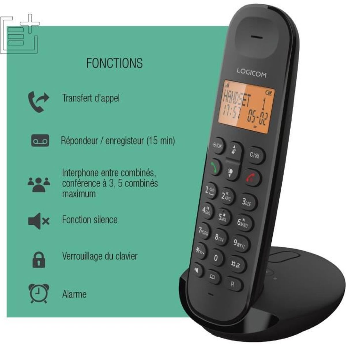 Teléfono inalámbrico negro sobre una base, con una pantalla que muestra la hora y la fecha. El texto de la izquierda detalla las funciones del teléfono.