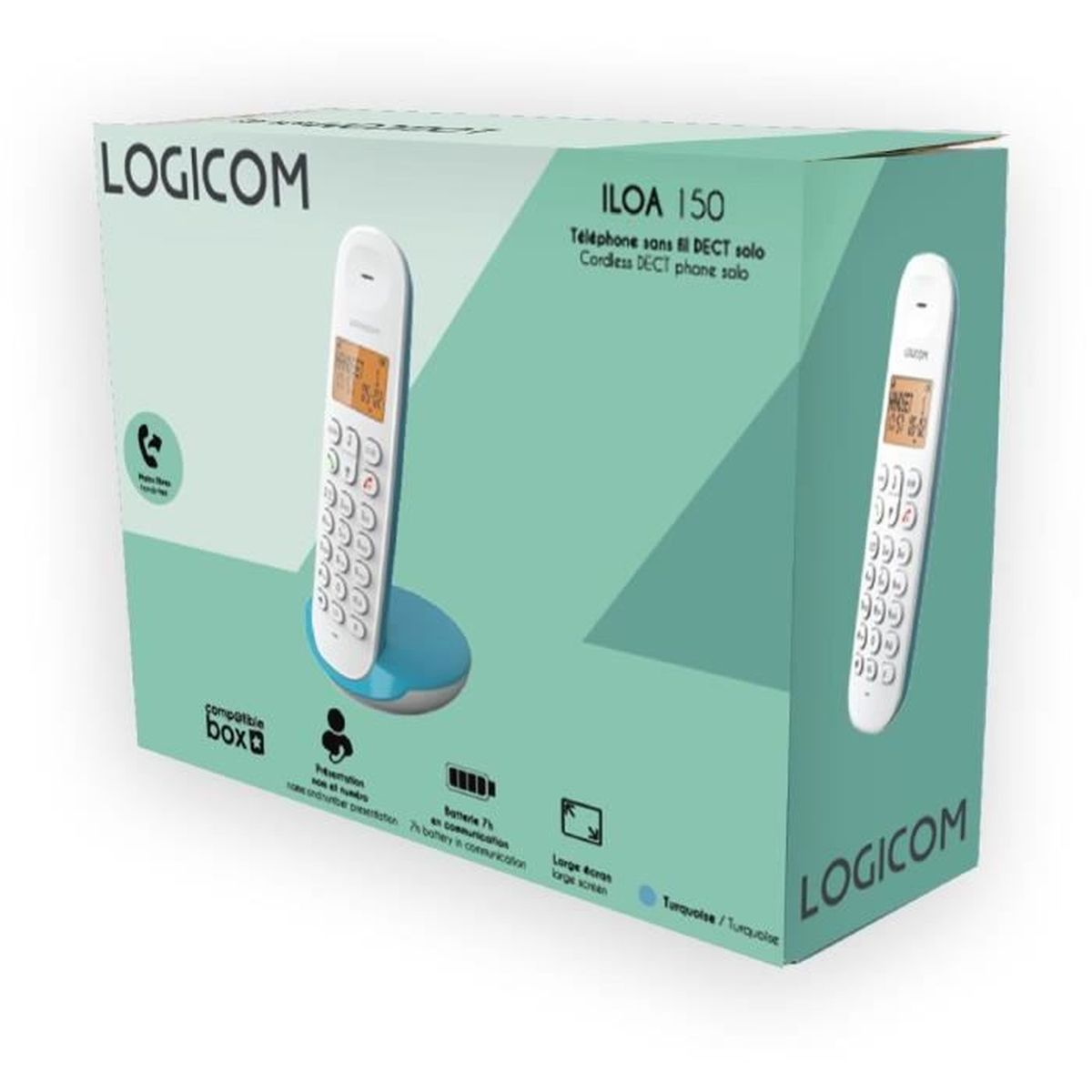 Karton eines Logicom Iloa 150 Schnurlostelefons. Weißes Handset auf blauem Sockel. Text und Symbole auf der Box. Türkisfarbener Hintergrund.