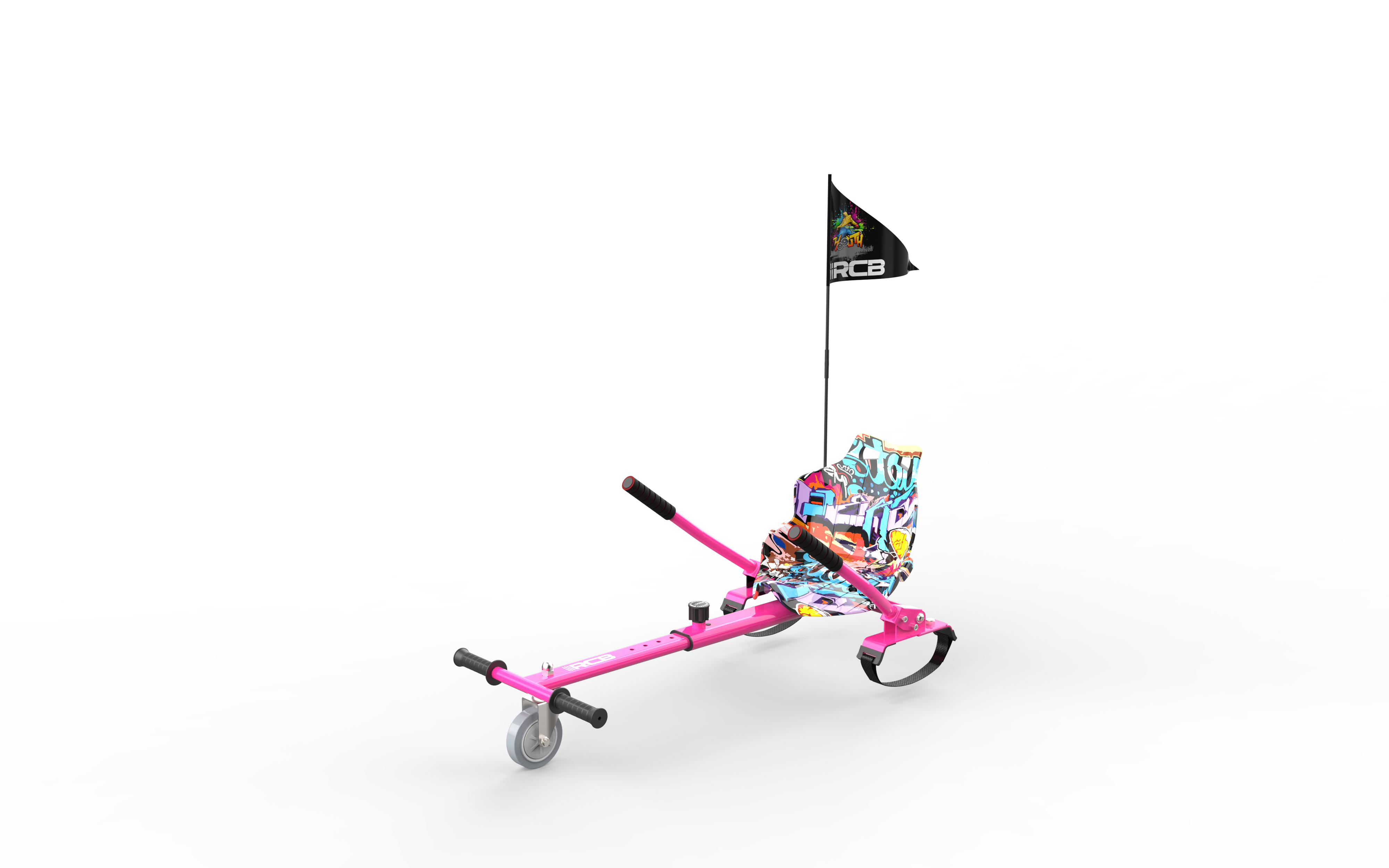 Un scooter rosa con asiento de grafiti y bandera RCB. Está sobre una superficie gris con fondo negro.