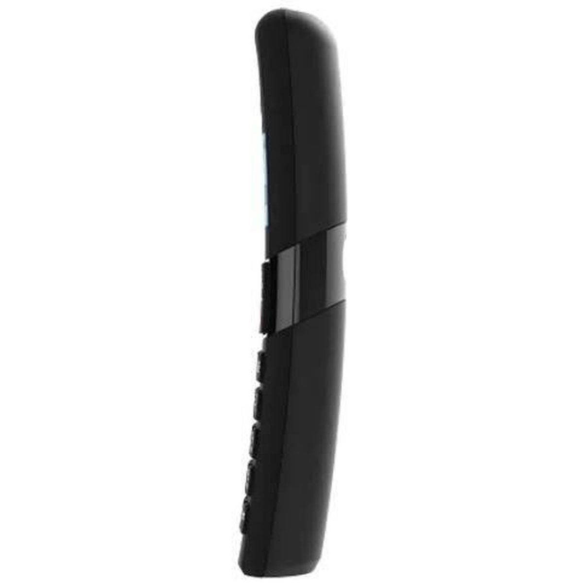 A side view of a black cordless phone. It has a curved design, with buttons on the lower part and a small screen.