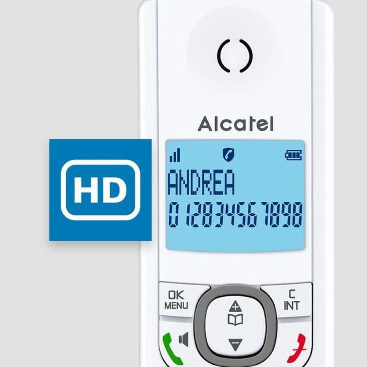 Un telefono Alcatel bianco mostra 'Andrea' e un numero. Un logo HD blu è sul lato. I pulsanti includono OK, menu e chiamata.