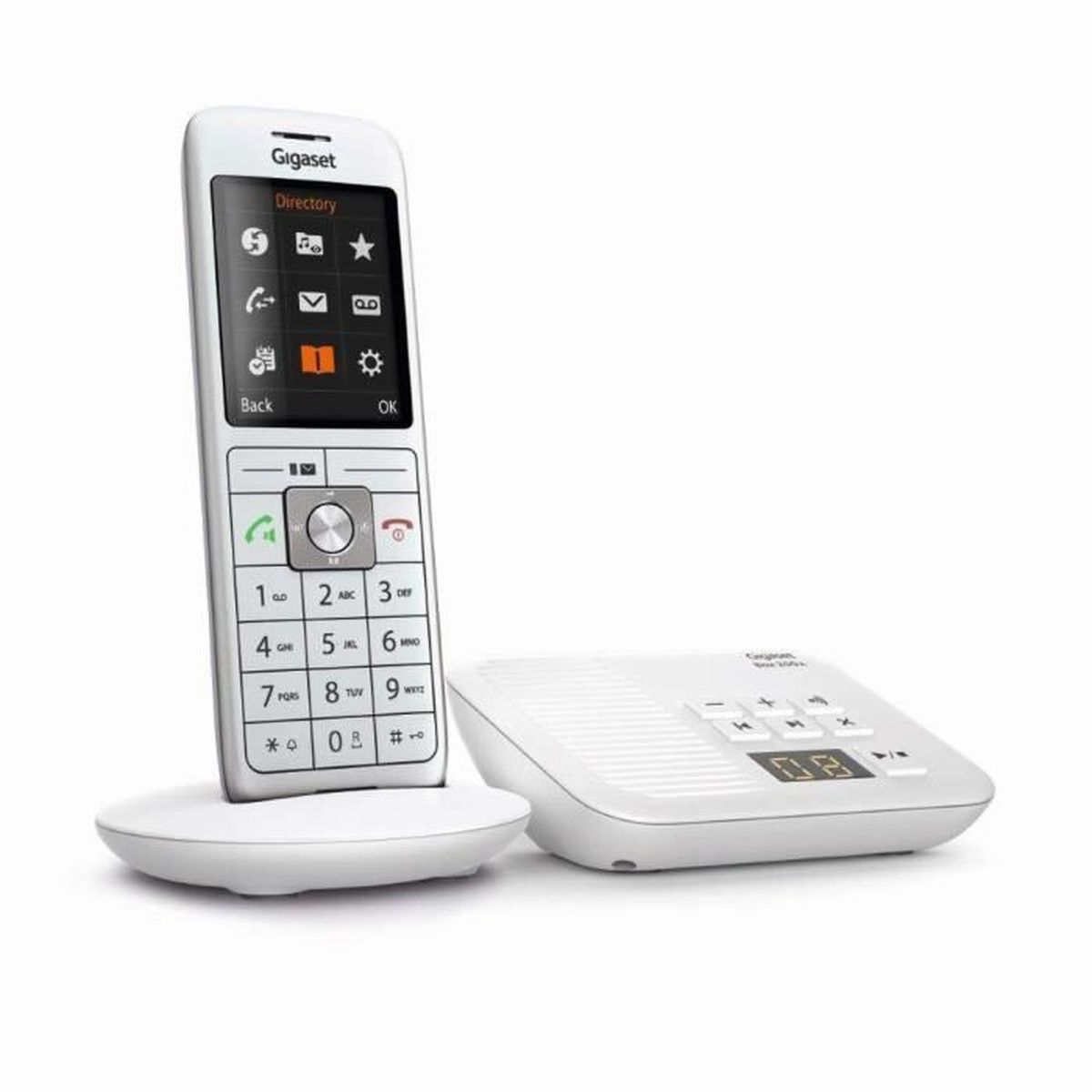 Ein weißes Gigaset-Schnurlostelefon mit Basisstation. Das Mobilteil hat einen Bildschirm und Zifferntasten. Die Basisstation hat Tasten und ein Display.