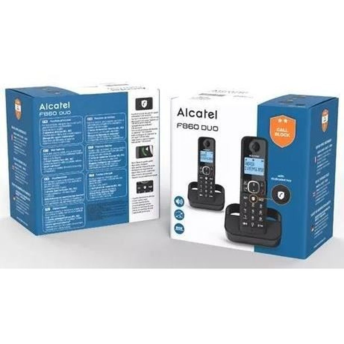 Cajas de teléfono Alcatel F860 Duo. Una muestra un teléfono, la otra los detalles de la caja. Colores azul y blanco.