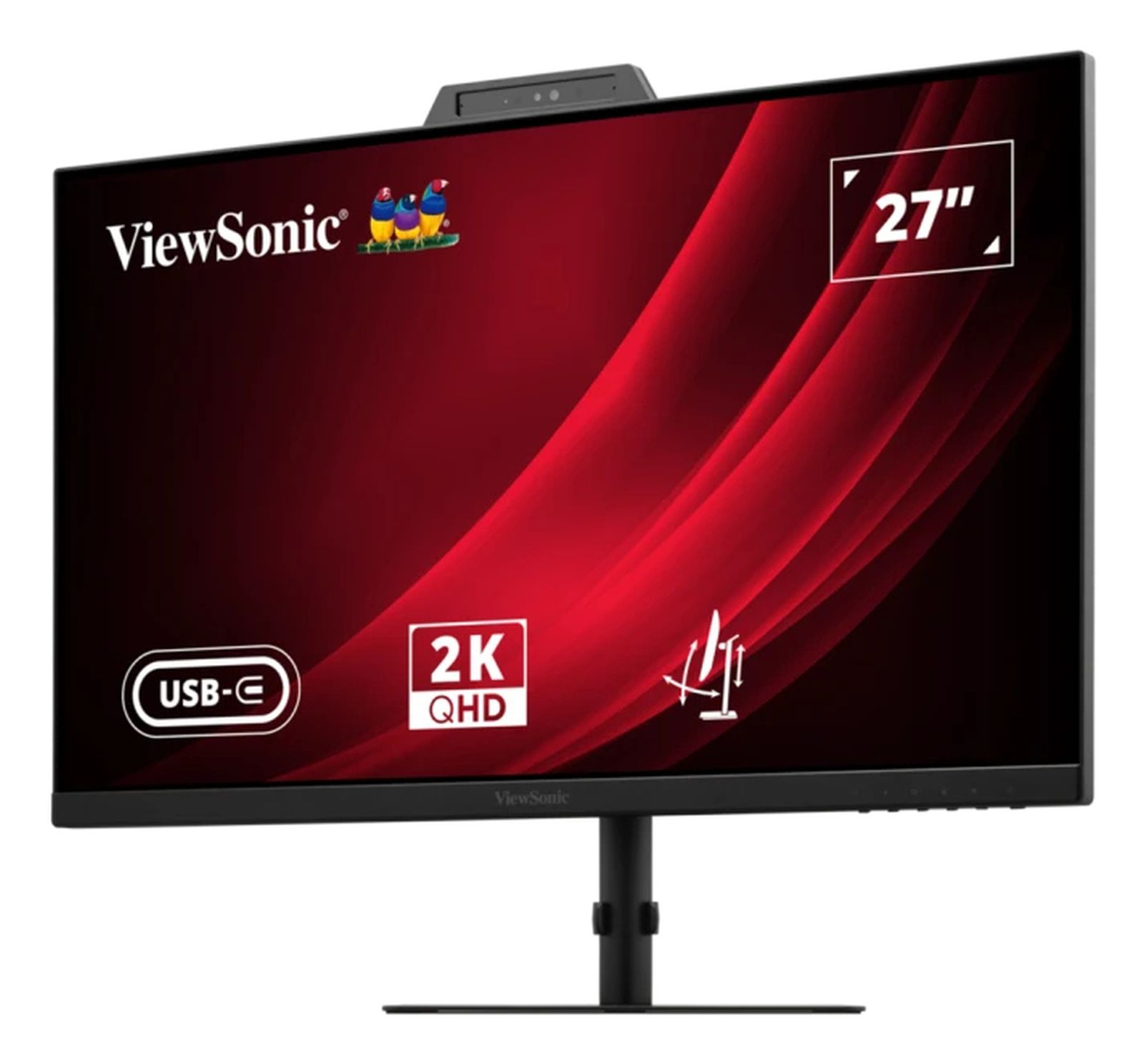 Monitor ViewSonic 27" z czerwonym tłem gradientowym. Posiada USB-C, 2K QHD i kamerę internetową u góry.