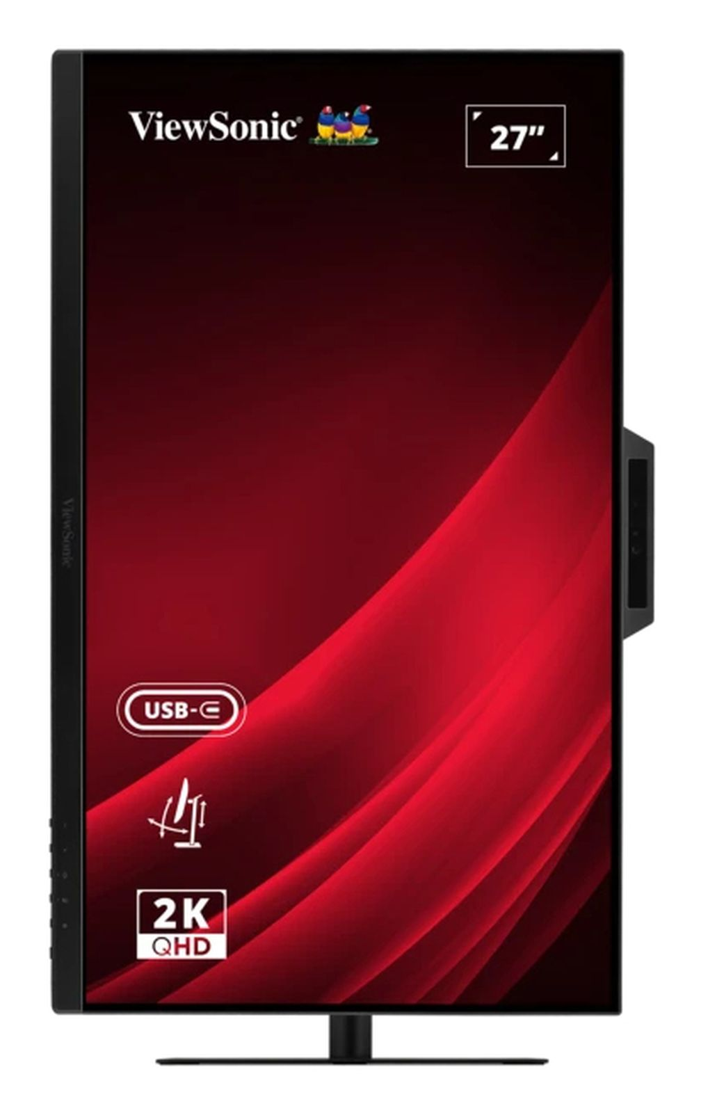 Monitor ViewSonic 27" z czerwonym gradientem ekranu, USB-C i rozdzielczością 2K QHD.