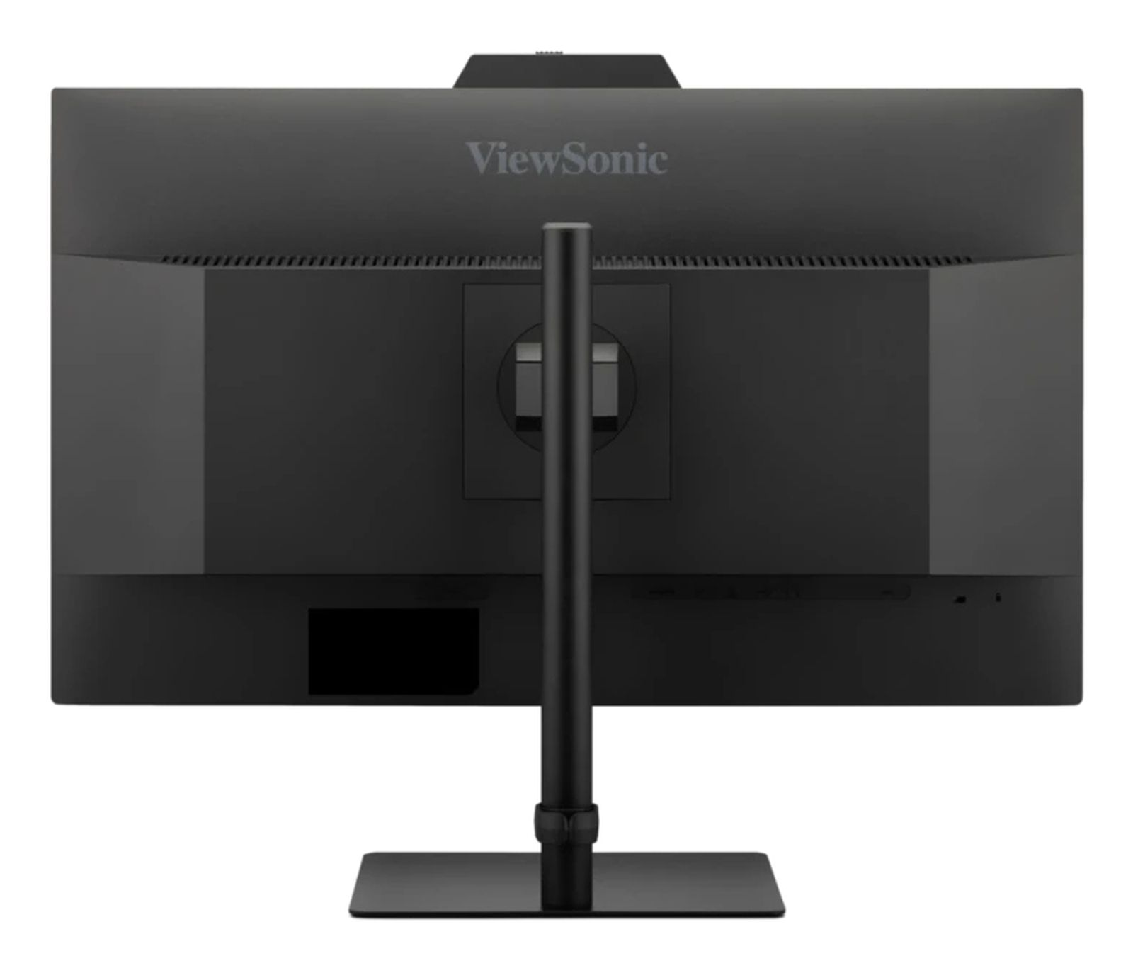 Widok z tyłu czarnego monitora ViewSonic. Centralna podstawa wspiera ekran.