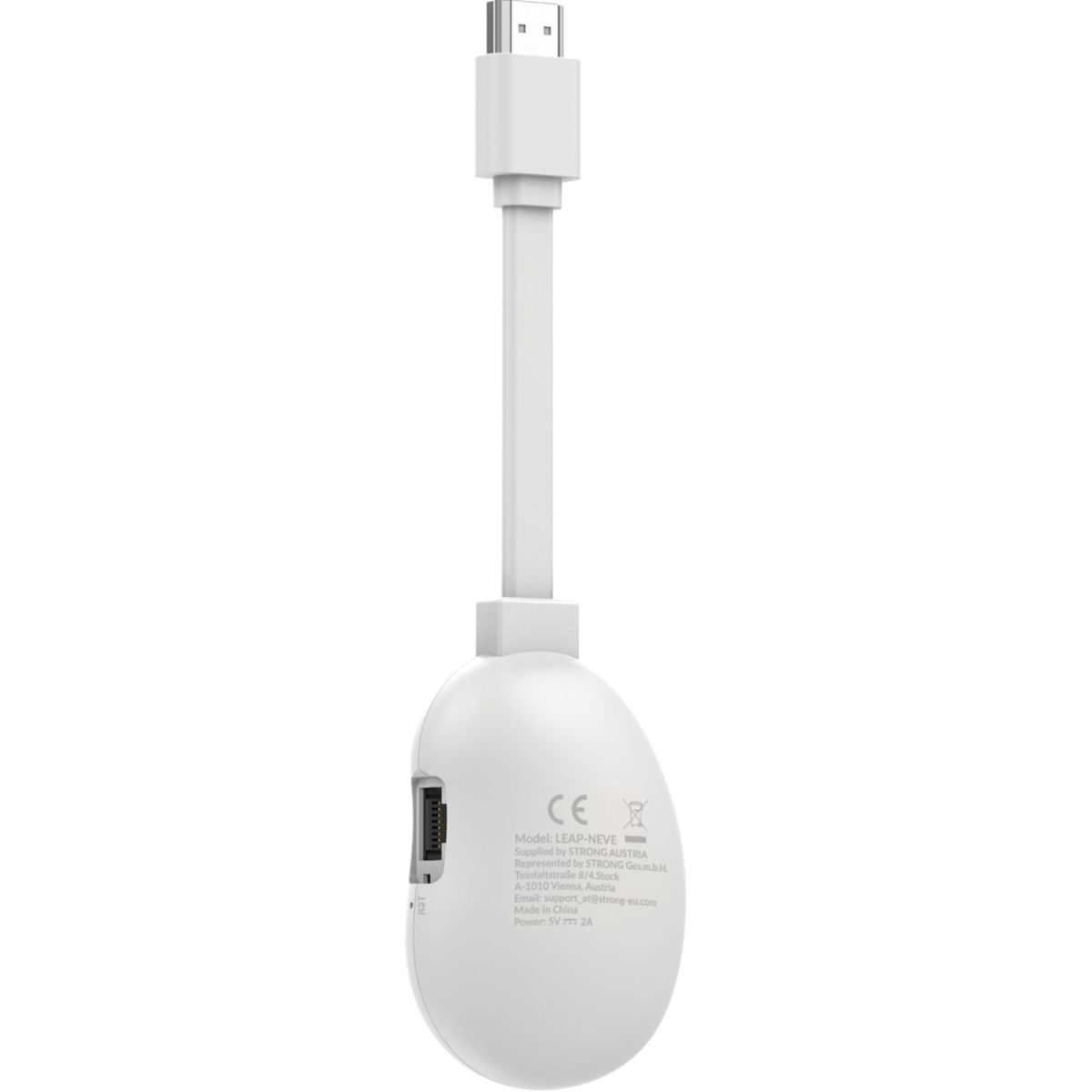 Ein weißes LEAP-NEVE-Gerät mit USB-Anschluss, Kabel und ovalem Gehäuse. Text enthält Modell- und Firmendetails.