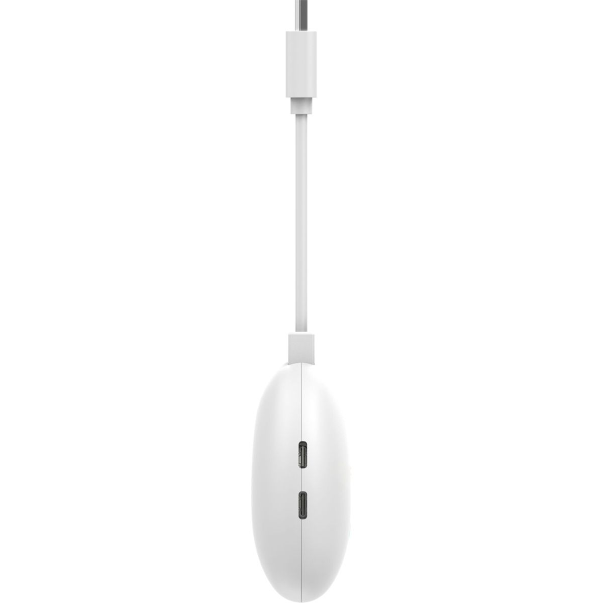 Ein weißer USB-C-Adapter mit einem verbundenen, oval geformten Gerät. Der Adapter hat ein Kabel und zwei Anschlüsse am Gerät.