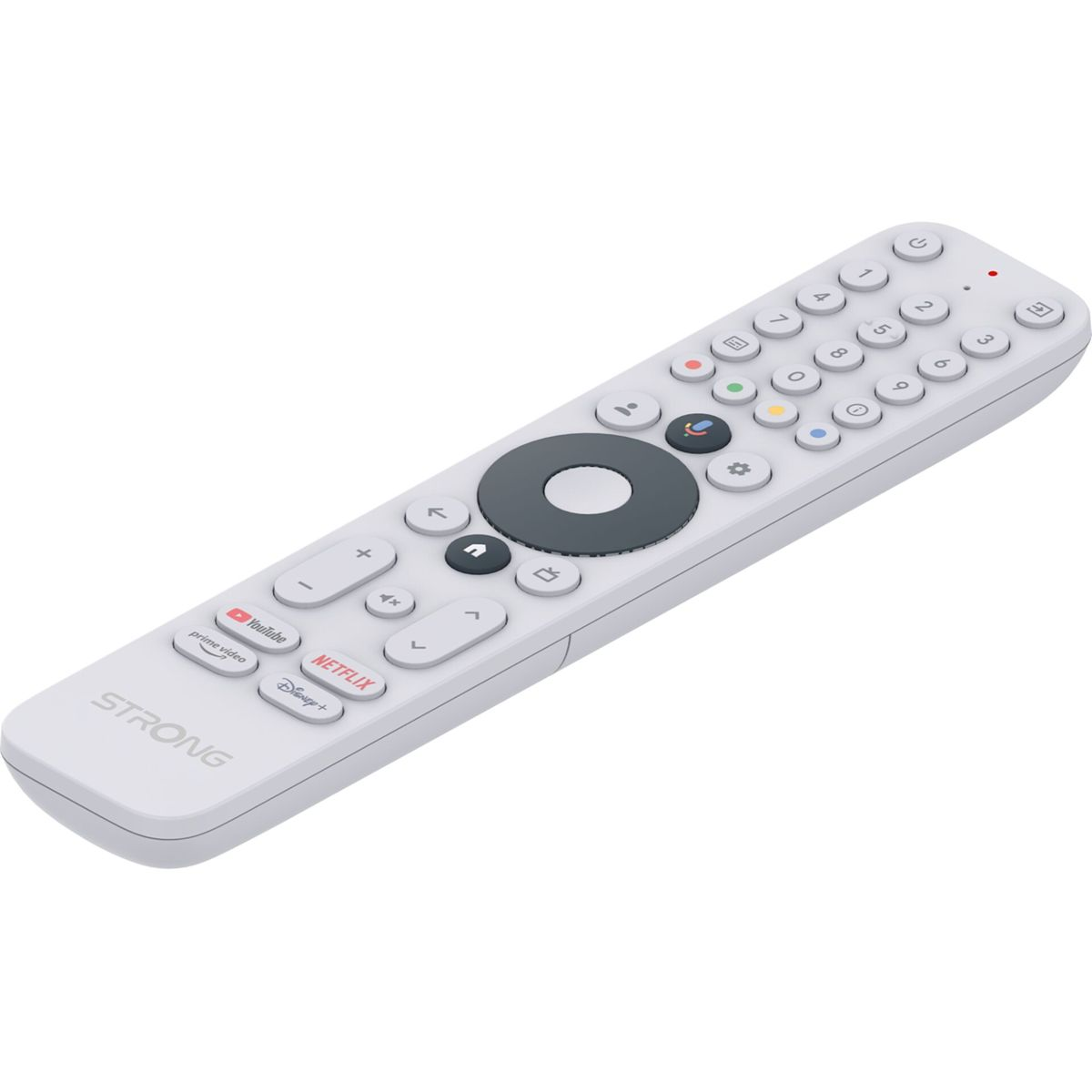 Eine weiße Fernbedienung mit verschiedenen Tasten, darunter Zahlen, Richtungstasten und Streaming-Dienst-Verknüpfungen, auf weißem Hintergrund.