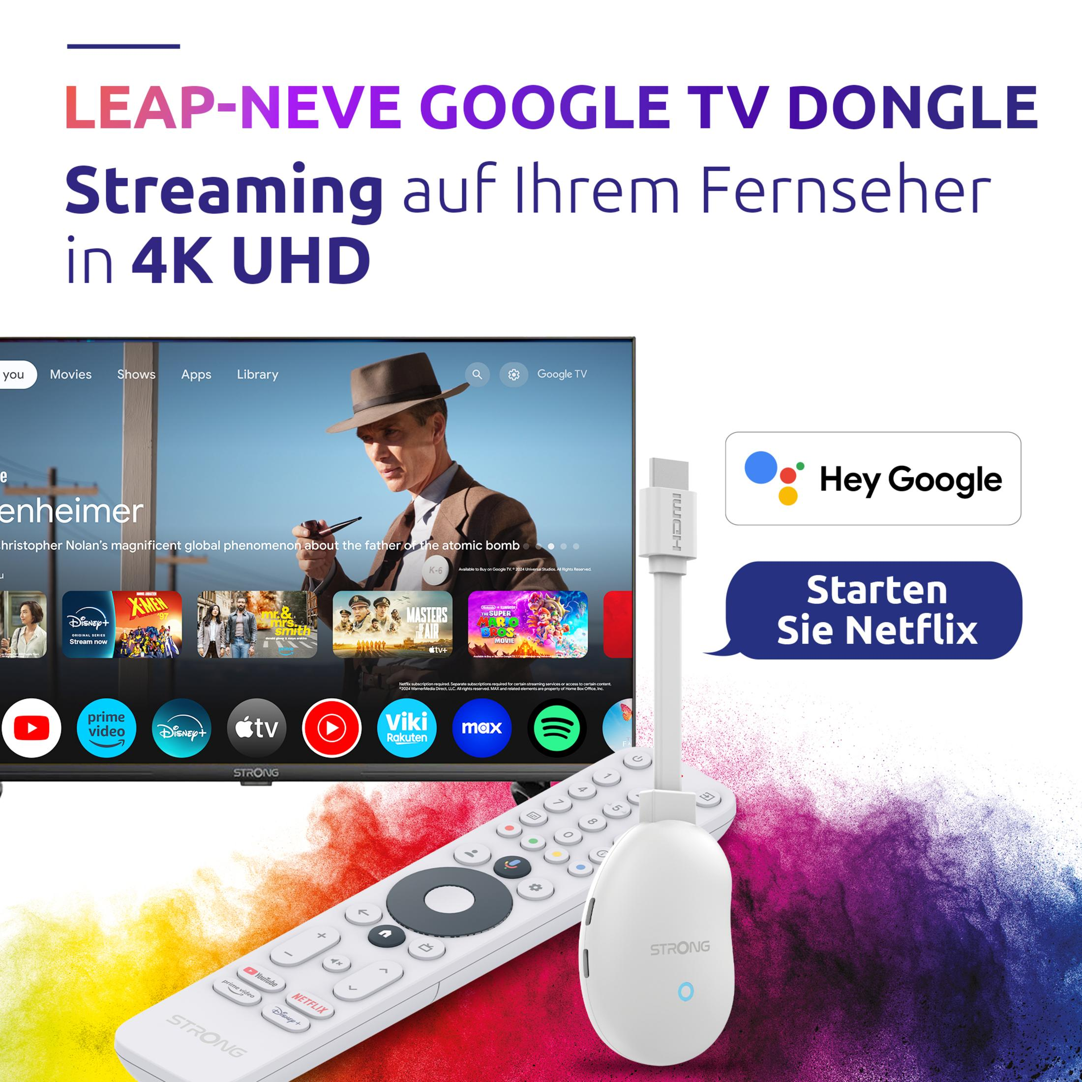 Das Bild zeigt einen Fernseher mit Google TV-Dongle und Fernbedienung. Der Bildschirm zeigt Filme. Text wirbt für 4K UHD Streaming.