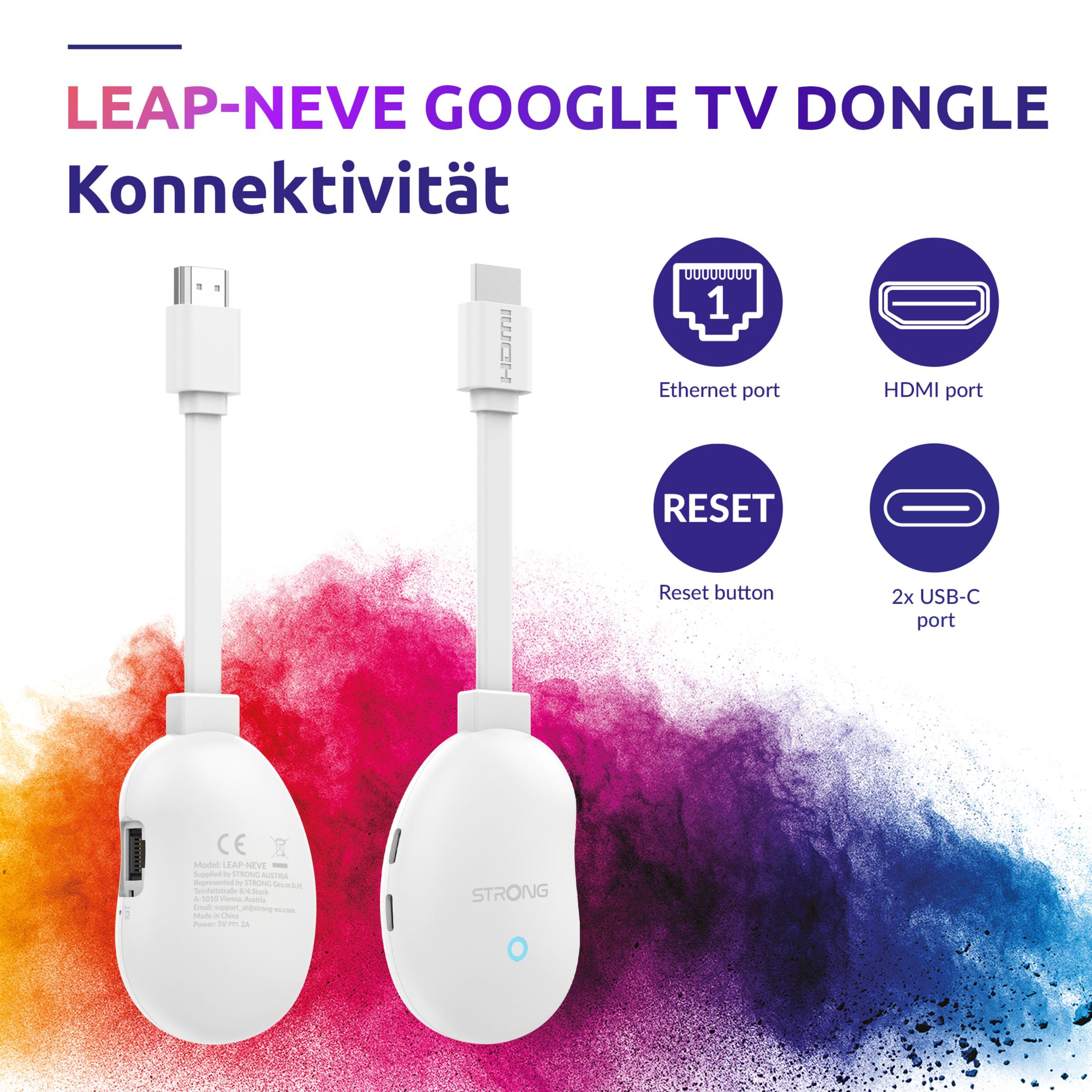 Weißer Google TV-Dongle mit HDMI-Kabel. Text lautet 'LEAP-NEVE GOOGLE TV DONGLE'. Anschlüsse: Ethernet, HDMI, Reset und USB-C.