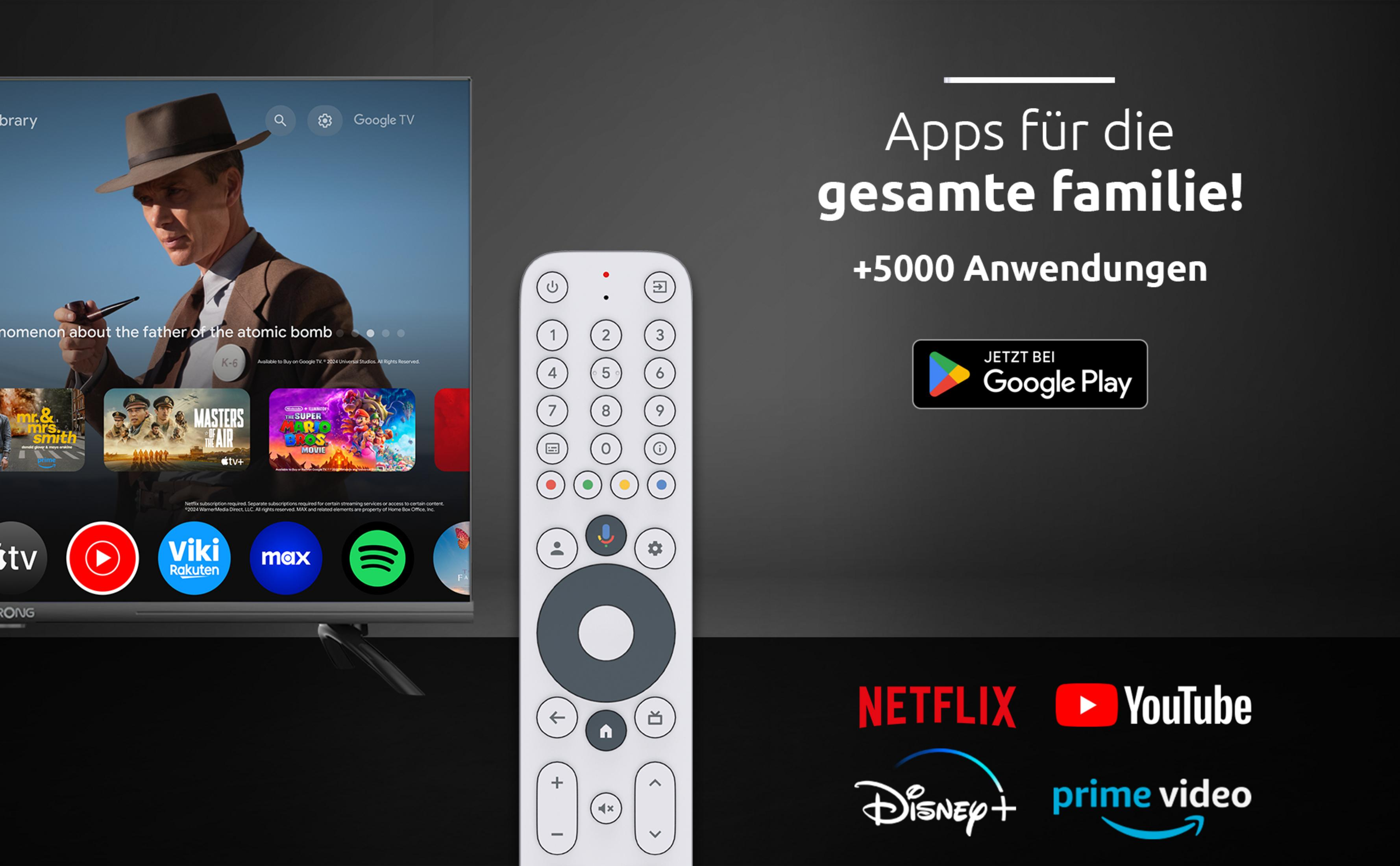 Fernsehbildschirm mit Film, Fernbedienung und Google Play Logo. Apps für die ganze Familie!