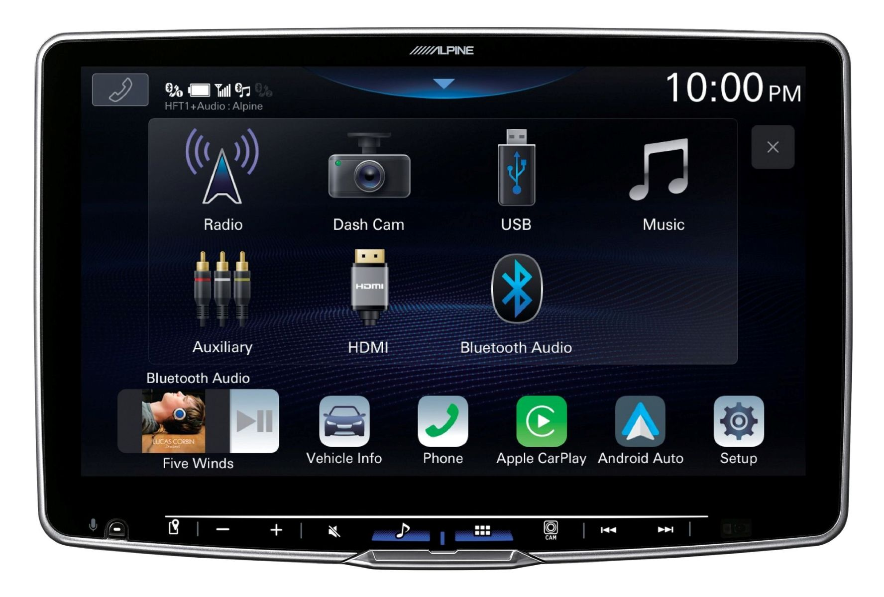 Auto-Multimedia-System-Display. Zeigt Radio, Dashcam, USB, Musik, HDMI, Bluetooth Audio und andere Apps. Zeit: 22:00 Uhr.