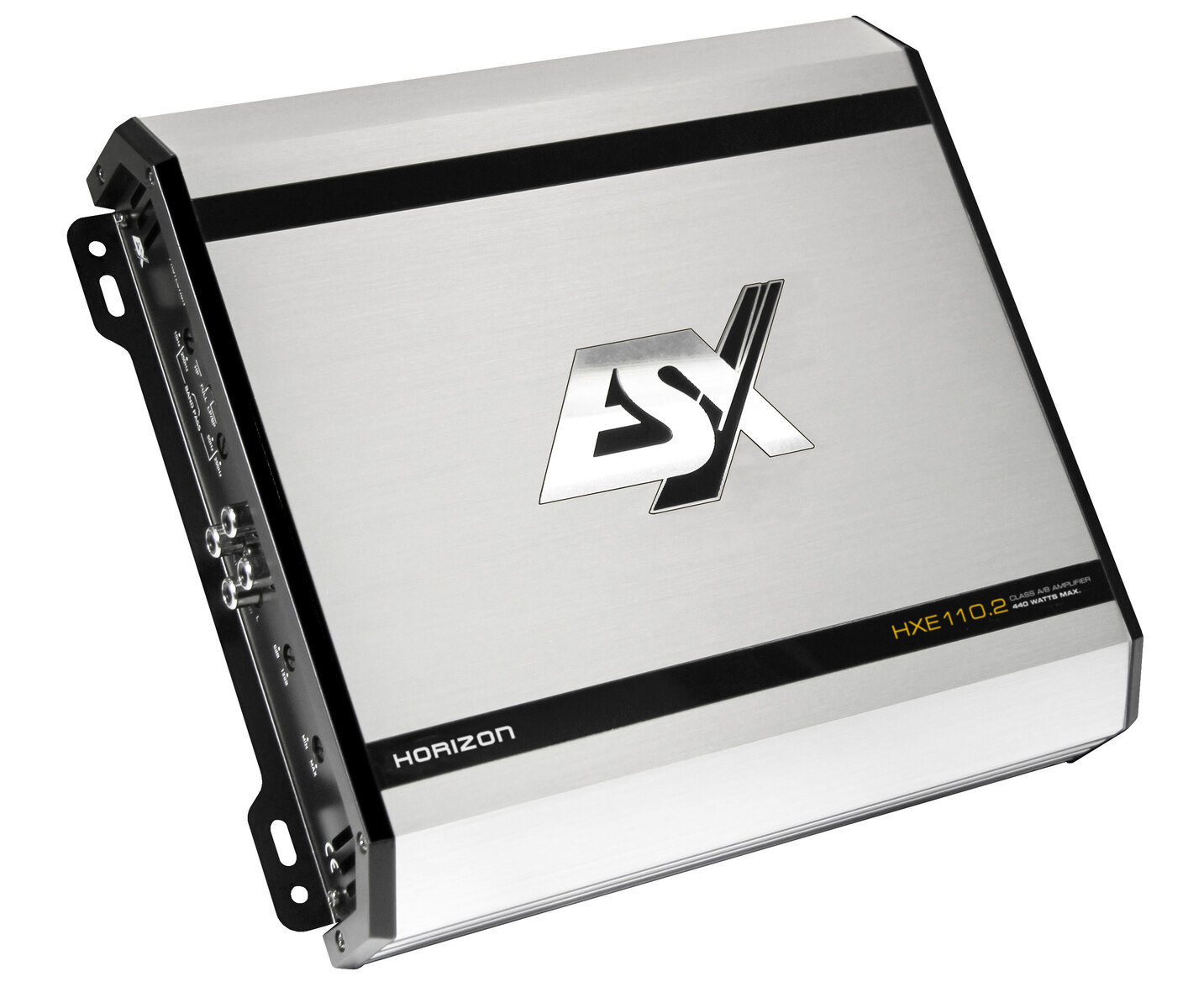 Silberner Auto-Verstärker mit schwarzen Akzenten und ESX-Logo. Horizon ist vorne geschrieben. HXE110.2 und 440 Watt Max sind ebenfalls sichtbar.