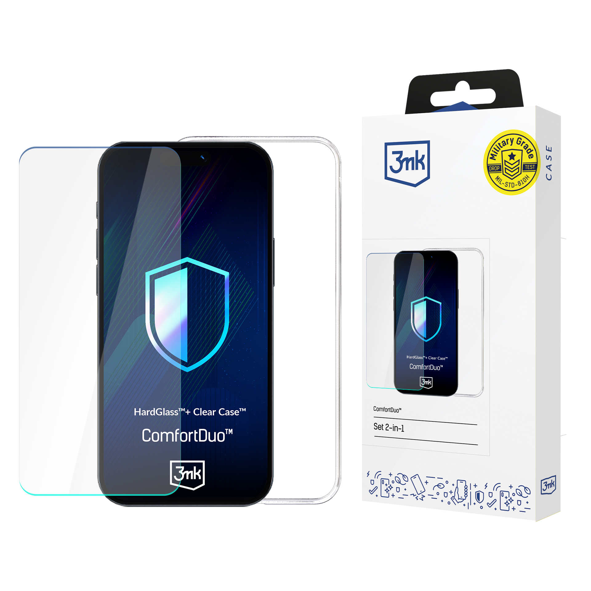 Un set di telefono e protezione schermo. Il telefono è in una custodia trasparente, con la protezione accanto e una scatola del prodotto.