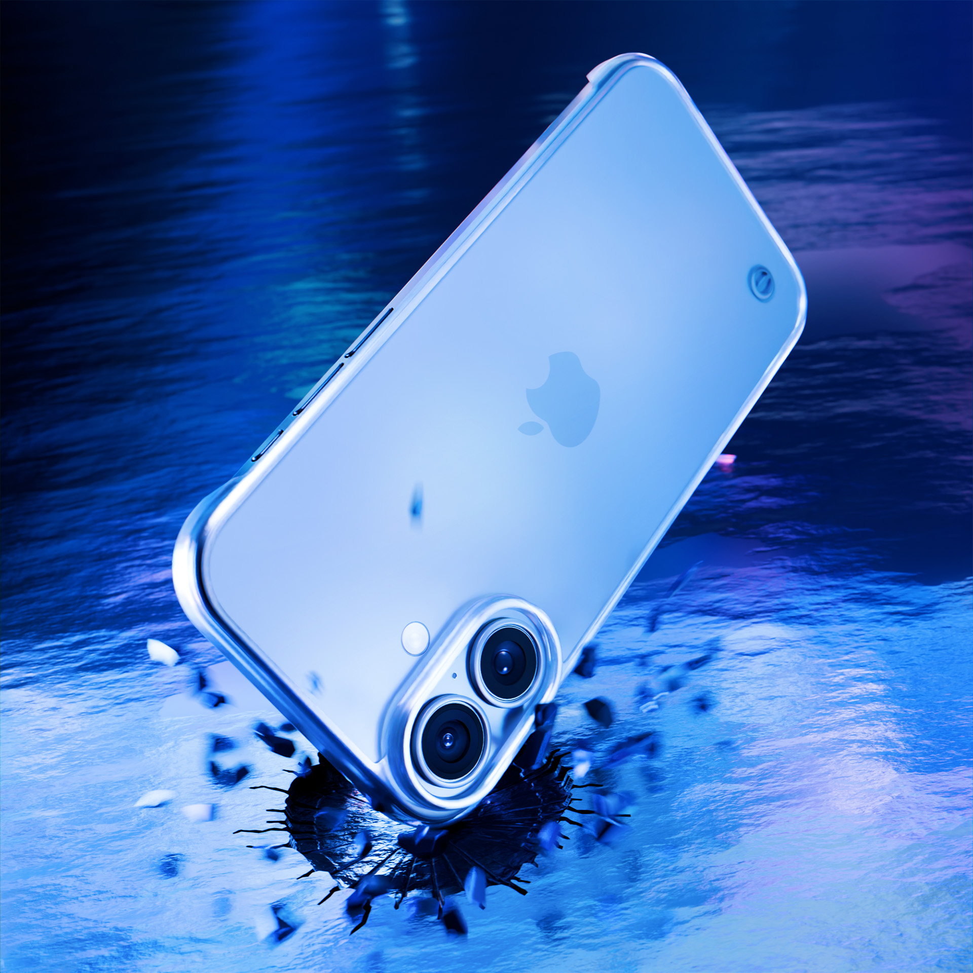 iPhone z przezroczystym etui upada, rozbija się na odblaskowej niebieskiej powierzchni. Niebieskie i fioletowe oświetlenie.